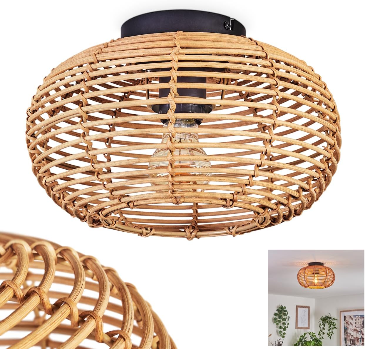Produktbild von Hofstein Cavaca Deckenleuchte – Rattan Schirm, Metall – Boho Style – Für Wohnzimmer, Schlafzimmer, Esszimmer – E27 Fassung