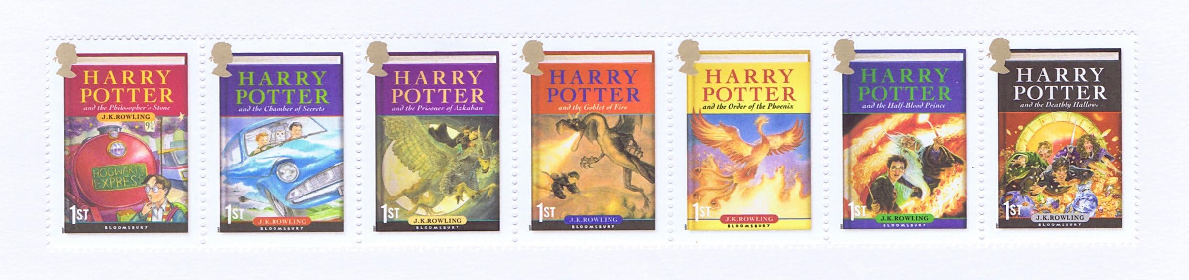 Harry Potter Stamps - 7 First Class Royal Mail mint stamps. 2007 Harry Potter stamps featuring the seven book covers