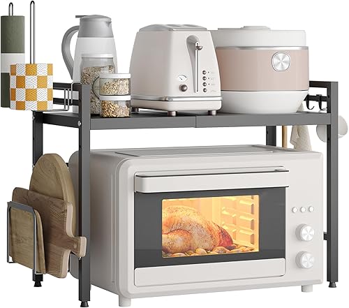 Miniatura 17 de NETEL Soporte extensible para microondas, estante organizador de 2 niveles de metal para encimera de cocina con 8 ganchos, estante para panaderos,