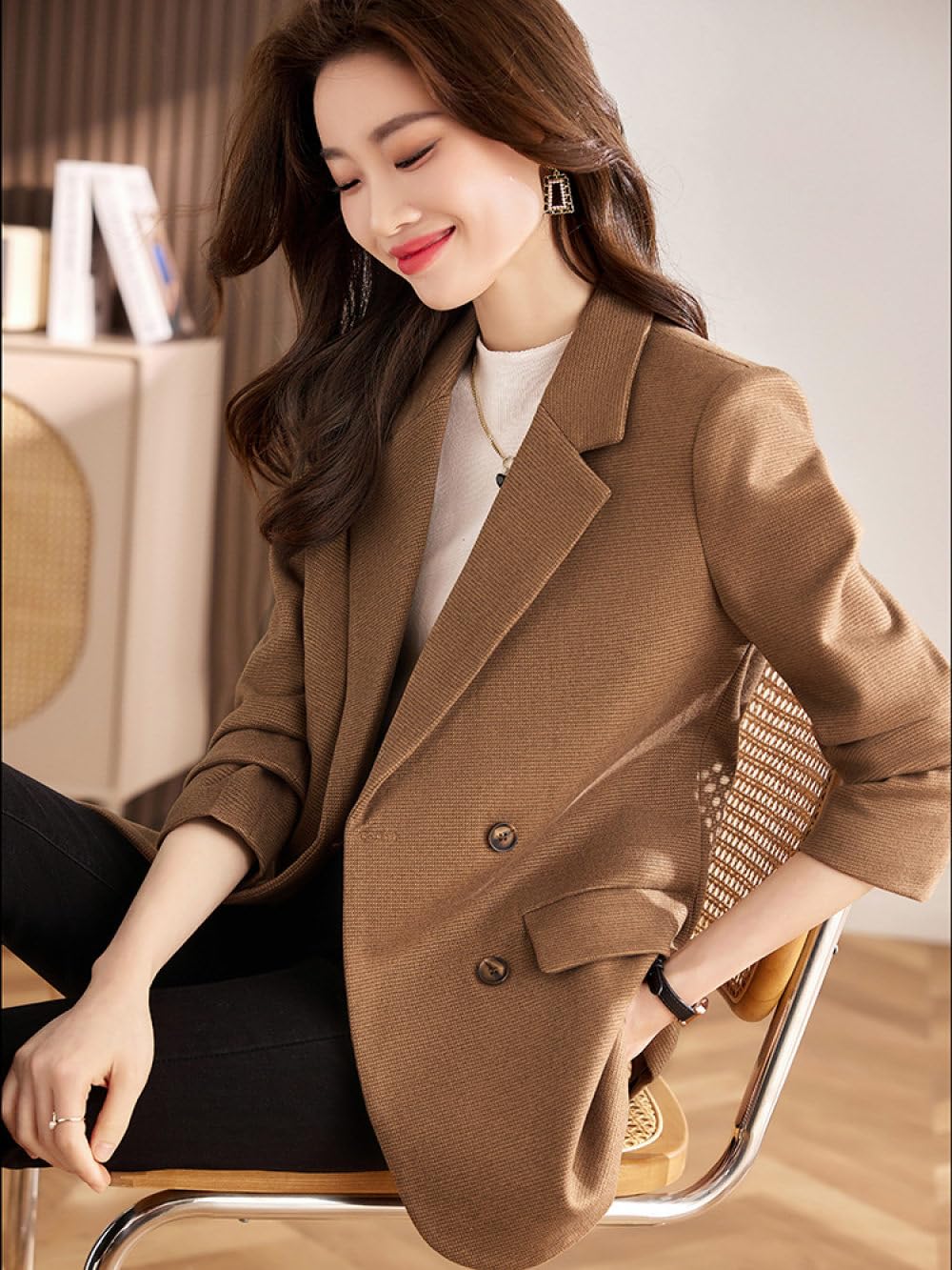 Giacche Eleganti da Donna in Tweed, Blazer Vintage Kaki con Risvolto con Risvolto Cappotto Moda Casual Maniche Lunghe Giacca Doppiopetto Autunno Transizione Capispalla con Spacco Posteriore