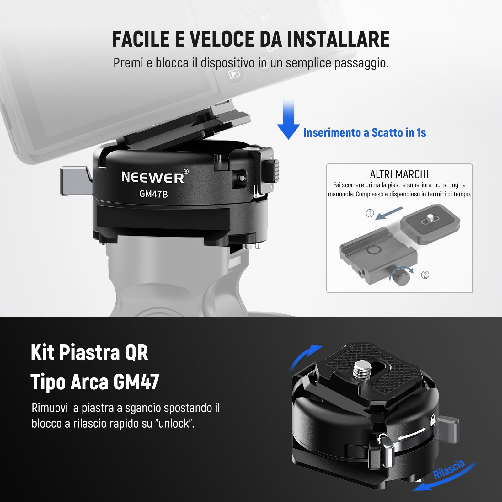 NEEWER GM47B Kit Piastra a Sgancio Rapido, Adattatore Treppiede Fotocamera QR Quadrato con Base a Morsetto Compatibile con Arca Swiss DJI Ronin RS 4 Pro RS 3 RS 2 Peak Design Capture V3 Camera Clip