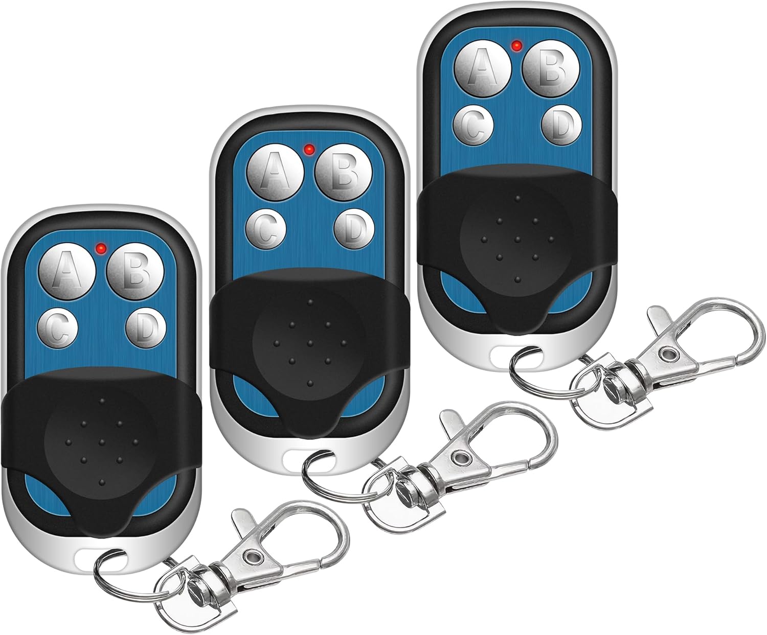 Three Avisontek 893MAX universal garage door opener remotes with keychains