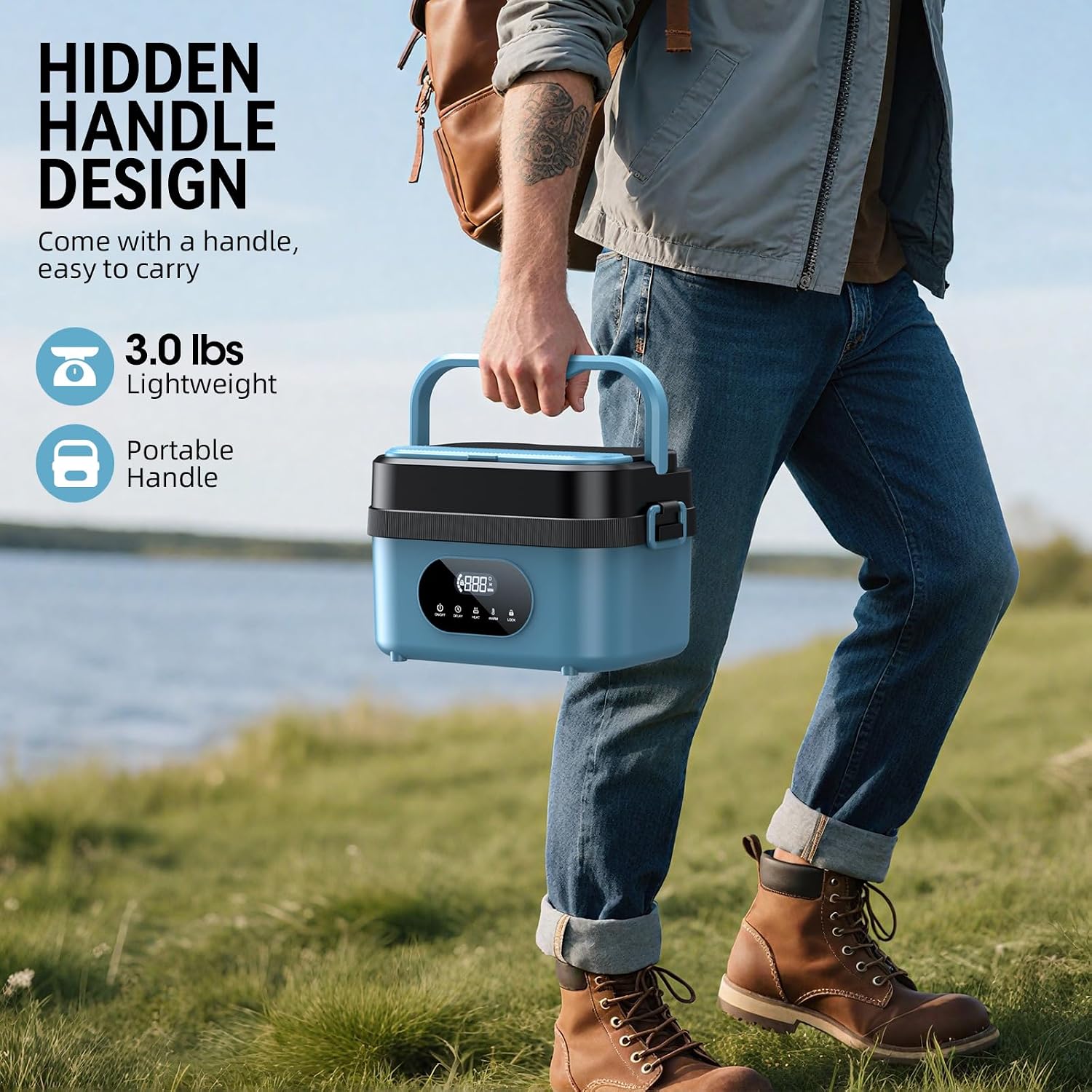 Cordless Electric Lunch Box, 18000mAh Rechargeable Self-Heating Lunch Box Food Warmer, 1.5L Portable Heated Lunch Container for Adults, Leakproof for Work, Office, Camping & Travel, Blue-Black image 2