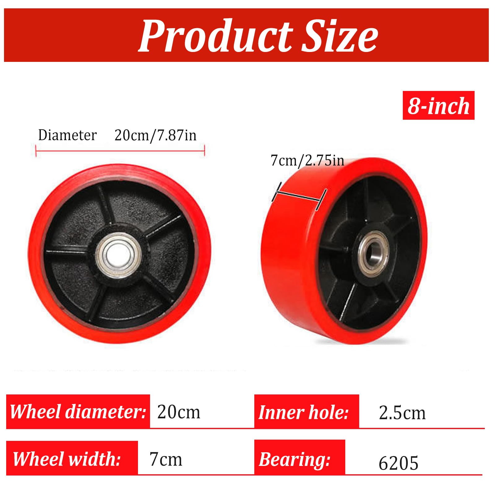 2 Ruedas para Transpaletas, Ruedas 180 X 50 mm con Rodamientos de Bolas, Ruedas de Poliuretano para Transpaletas, Eje de 20 mm, Carga Máx. 500 Kg