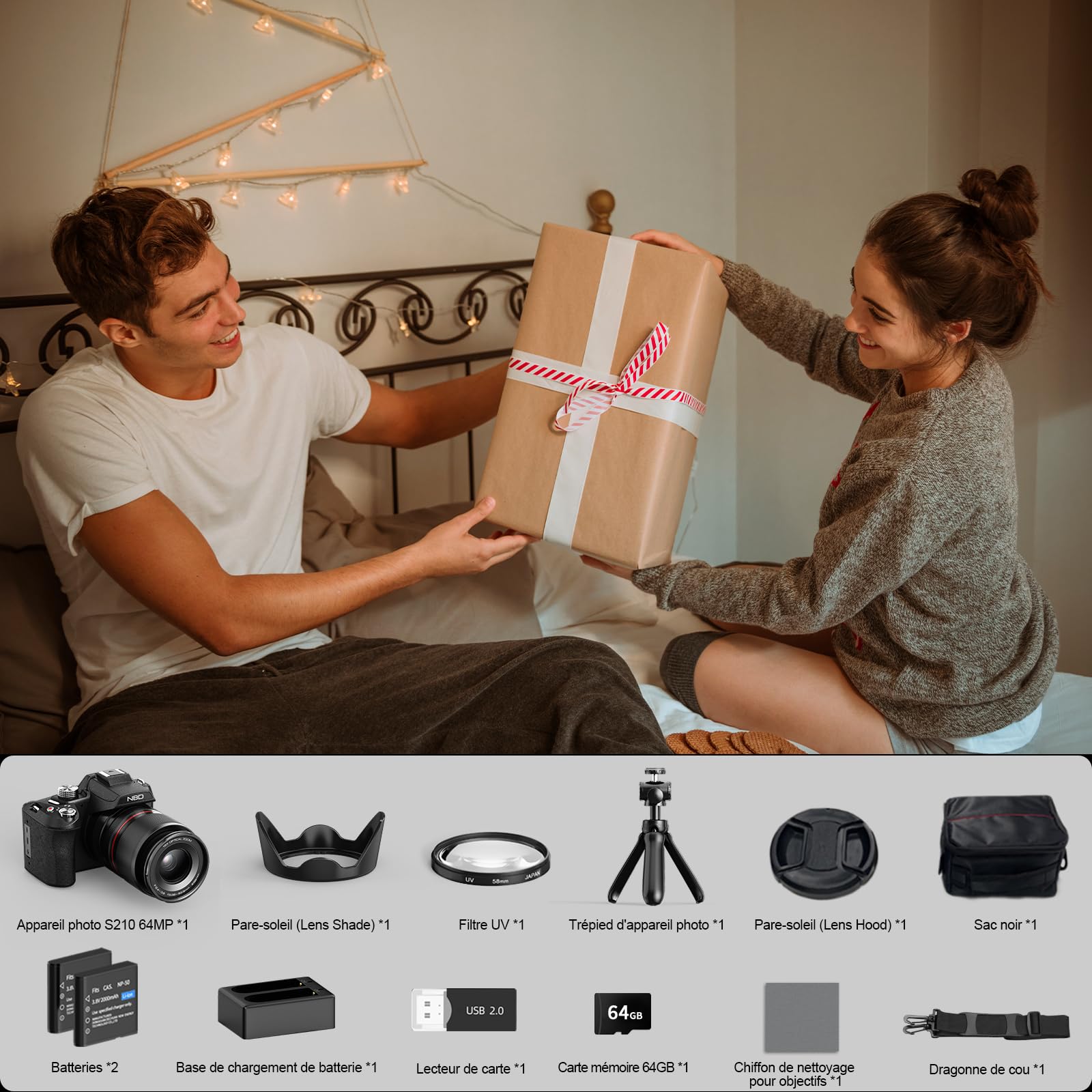 NBD Appareil Photo 8K 64MP, Autofocus, Zoom Optique 16X, Noir | Écran 180°, WiFi, Micro, Trépied, 2 Batteries, Carte 32Go, Micro-HDMI, Modes PASM, Vlog, Voyage, Débutants
