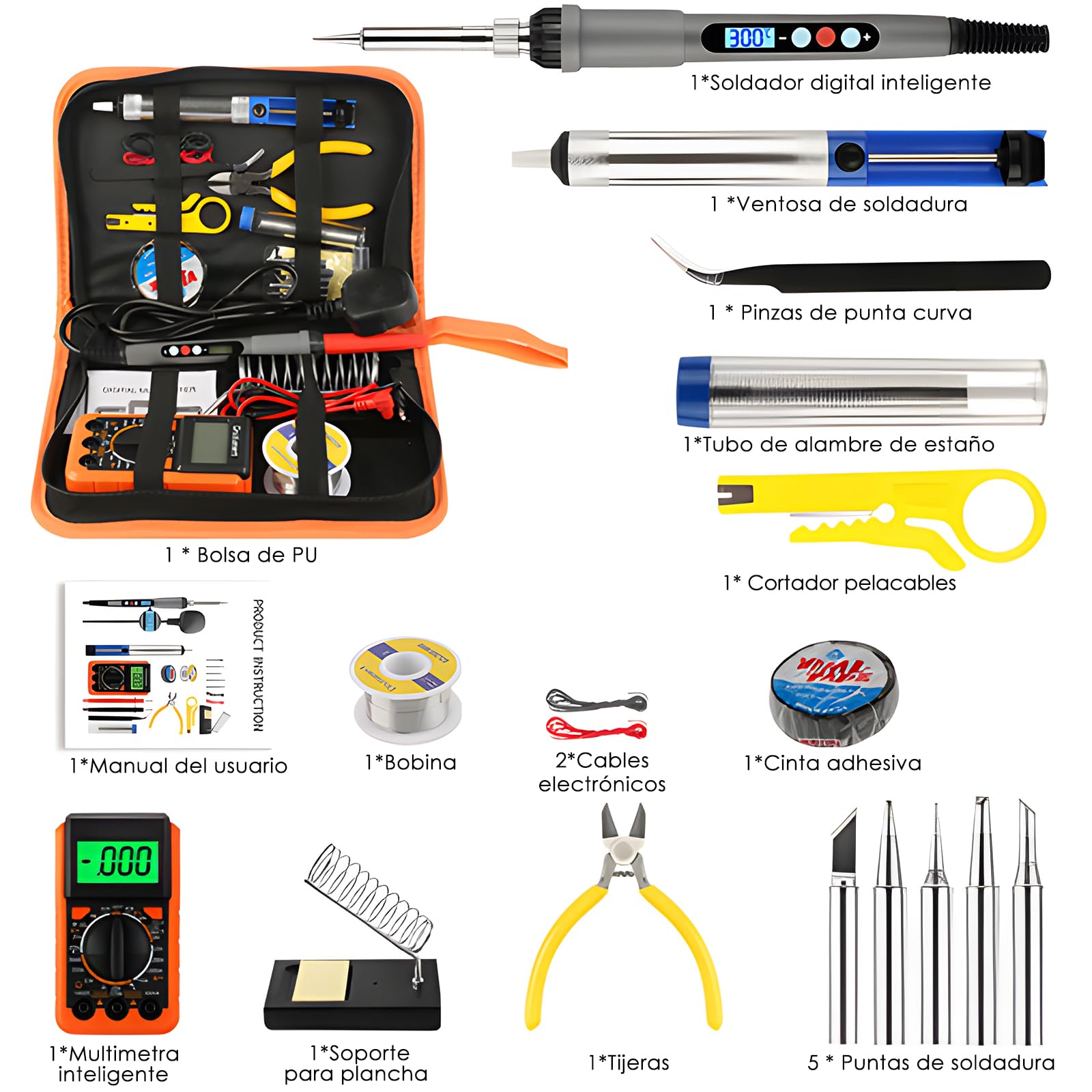 Soldador estaño, soldador,kit de Soldador 60W,temperatura ajustable 180-500℃,19 in 1 soldador estaño profesional, con multímetro digital,5 puntas de soldador, soporte para soldador, pinzas ect.