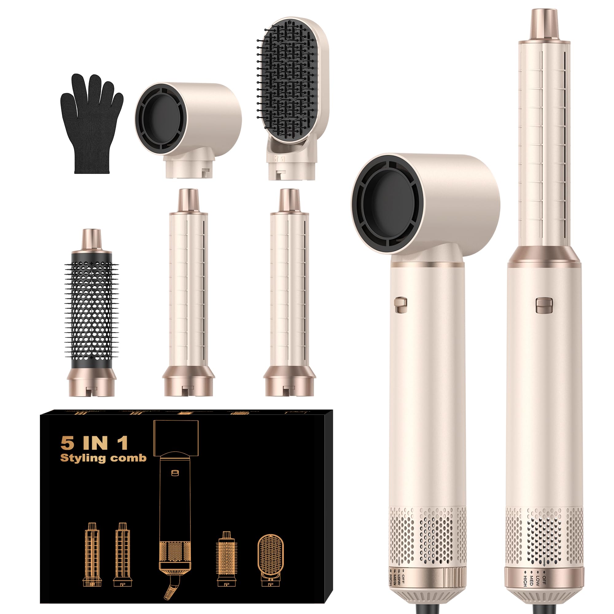 OKWRAP Hairstyler 5 in 1 Haarstyler Hair Styler Set, Airstyler Air Curlers Föhn 5 in 1 Mit Rundbürstenföhn Hairdryer Brushes for Styling Föhn Lockenstab Luft Für Glätten, Trocknen, Volumen, Locken