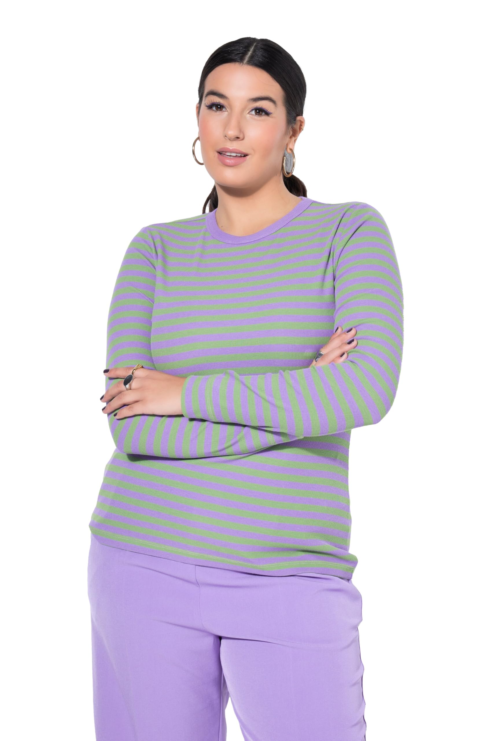 Studio Untold Damen große Größen Übergrößen Plus Size Shirt, Slim Shape, Ringel, Rippjersey, Langarm 844016