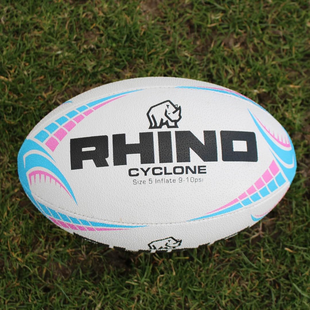 Ballon de Rugby Cyclone Blanc/Bleu Clair/Rose Taille 4