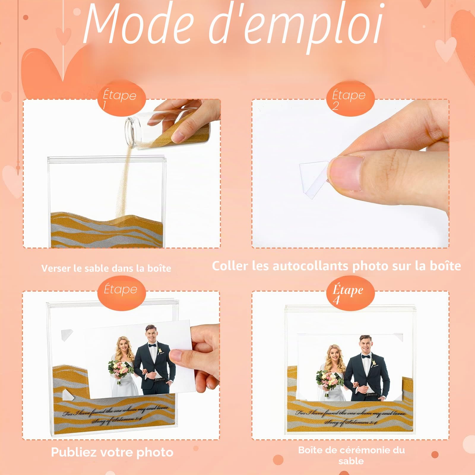Kit de cérémonie de sable pour mariage comprenant 2 cadres photo en acrylique transparent et 2 supports de sable pour décoration de mariage, décoration d'intérieur