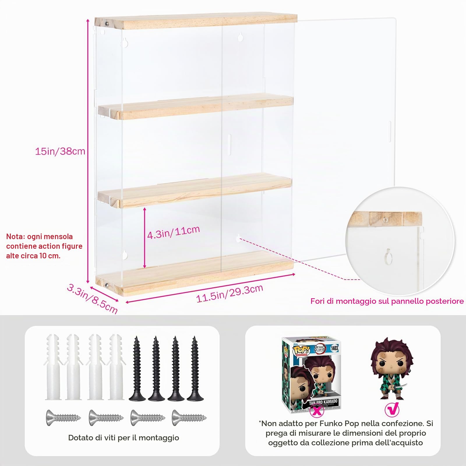 3 Livelli di Vetrina in Acrilico, Scatola da Esposizione a Parete per Mobili da Collezione, Vetrina Trasparente con Porta per Mini Funko Pop, Action Figure, 29,3 x 8,5 x 38 cm, Noce