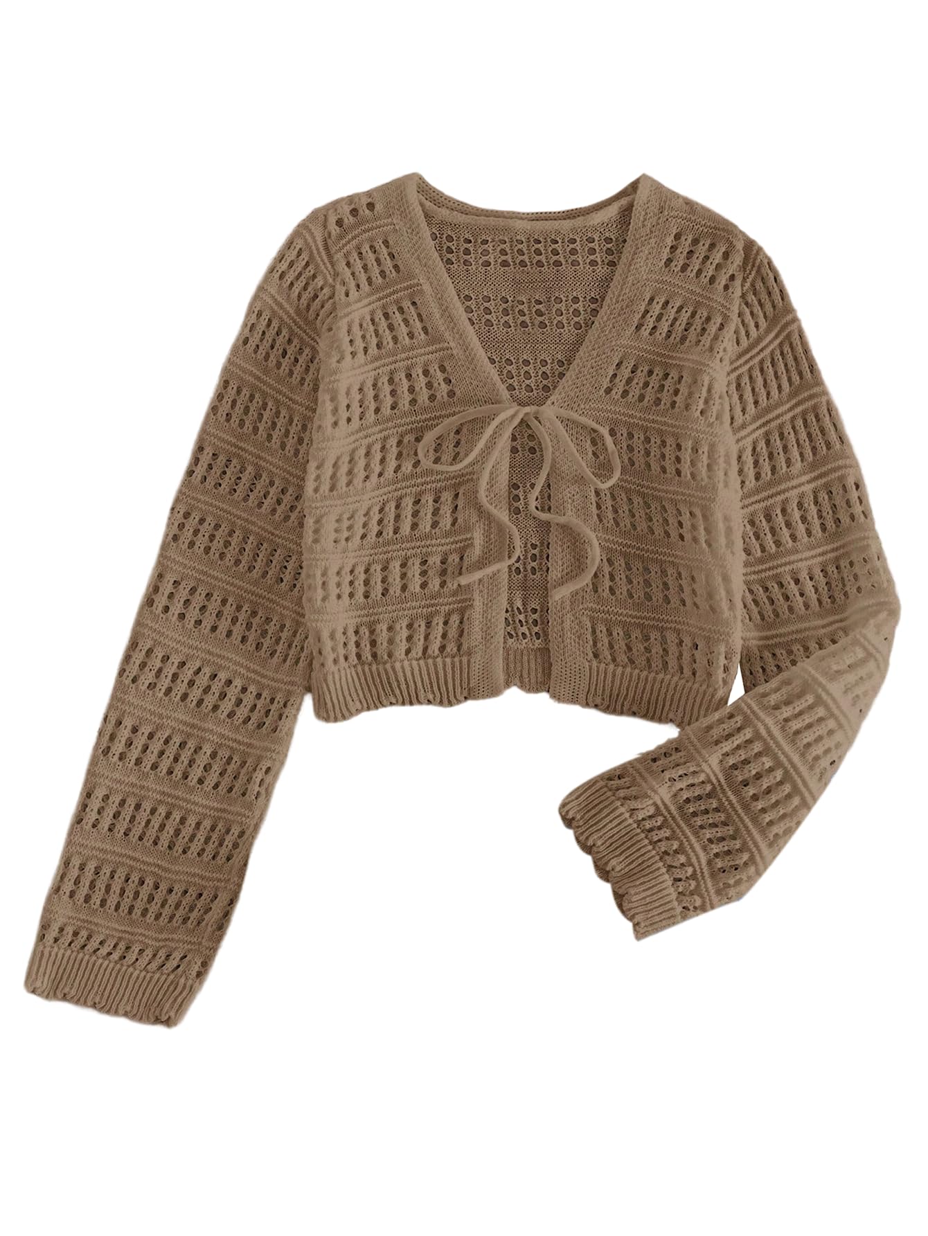 SHENHE Womens Tie Front Hollow Out Cover Up Summer Boho Knit Cardigan Crop Tops
