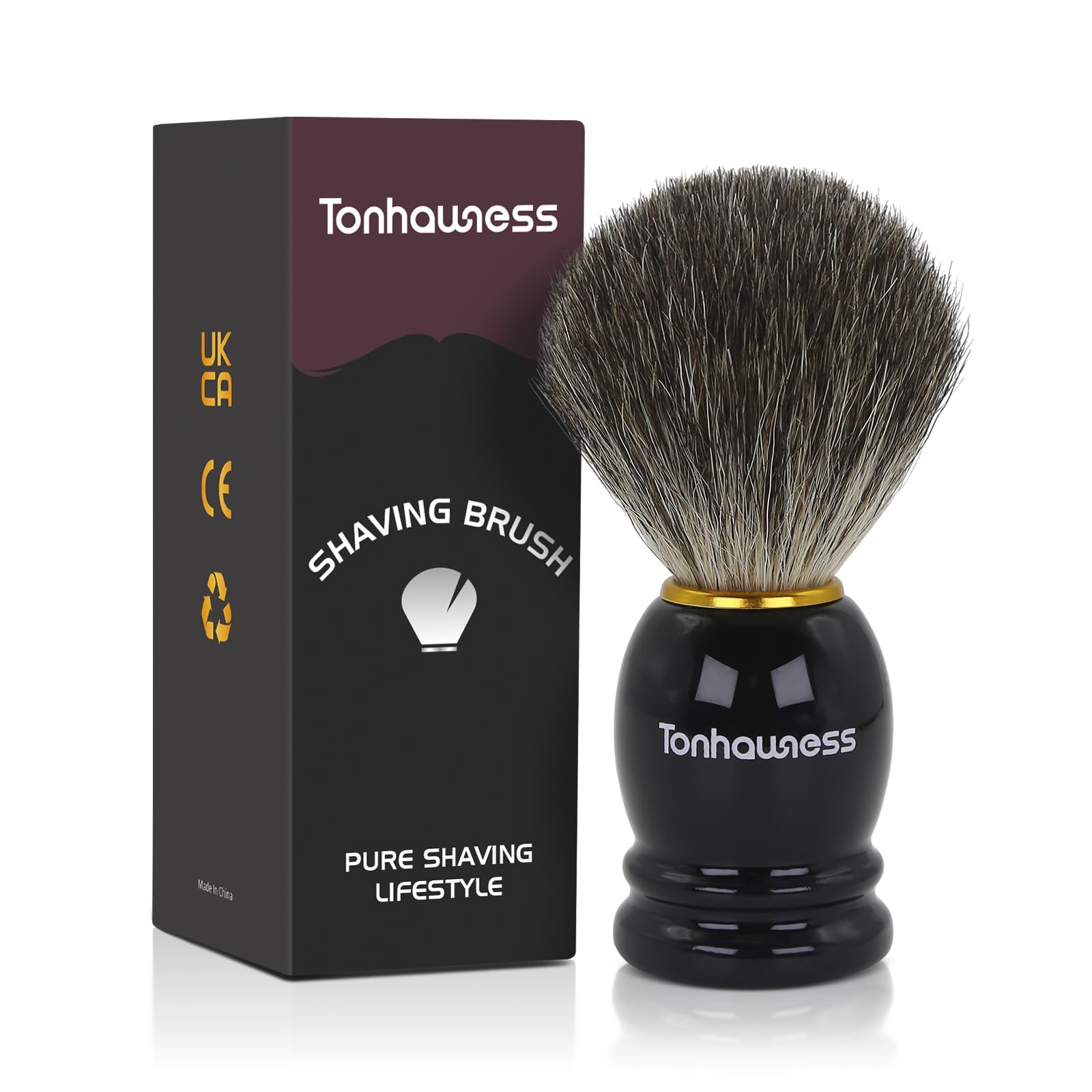 Blaireau de rasage en poils de blaireau faits à la main avec manche en bois pour barbier, brosse de rasage à barbe pour rasage humide, meilleur cadeau pour homme (manche noir)