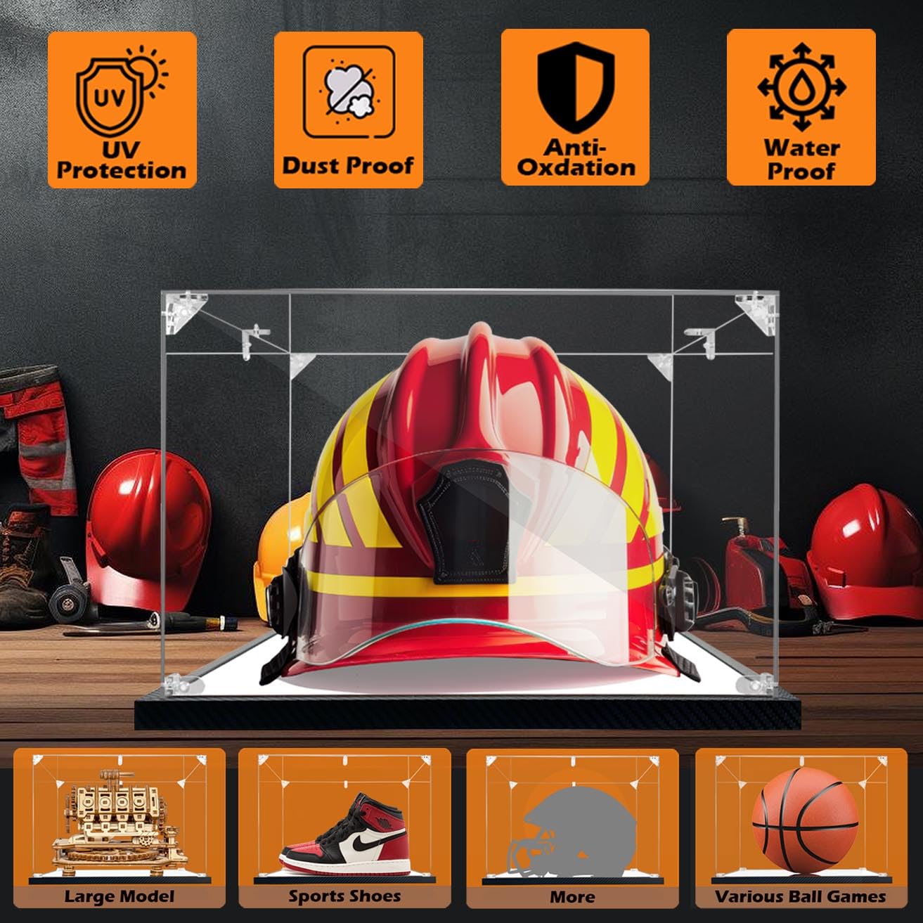 Vitrina de acrílico para casco de bombero, vitrina transparente de sombrero de vaquero, vitrina grande para cascos, caja rectangular grande con protección UV, colección de recuerdos con espejo y base