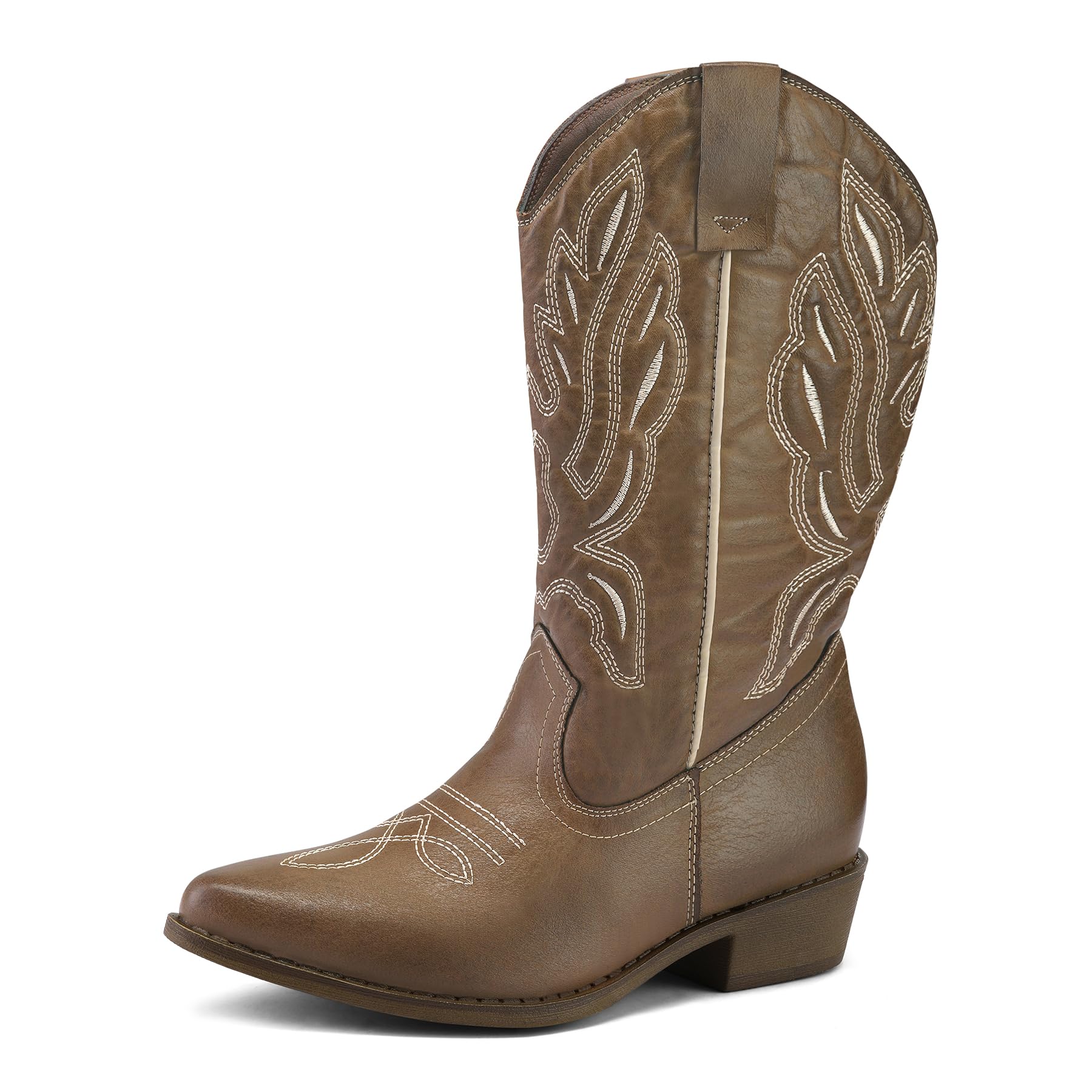 mysoft Women's Wide Calf Cowboy Boots Pull-On Mid-Calf Embroidered Pointed Toe Retro Western Boots