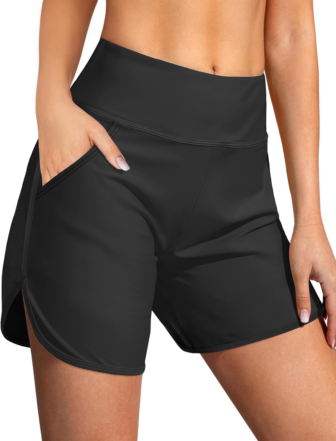 Women's 5" Swim Board Shorts Quick Dry High Waisted Swimsuits with Liner Pockets UPF 50+ Bathing Suits Bottoms Trunks Black XX-Large