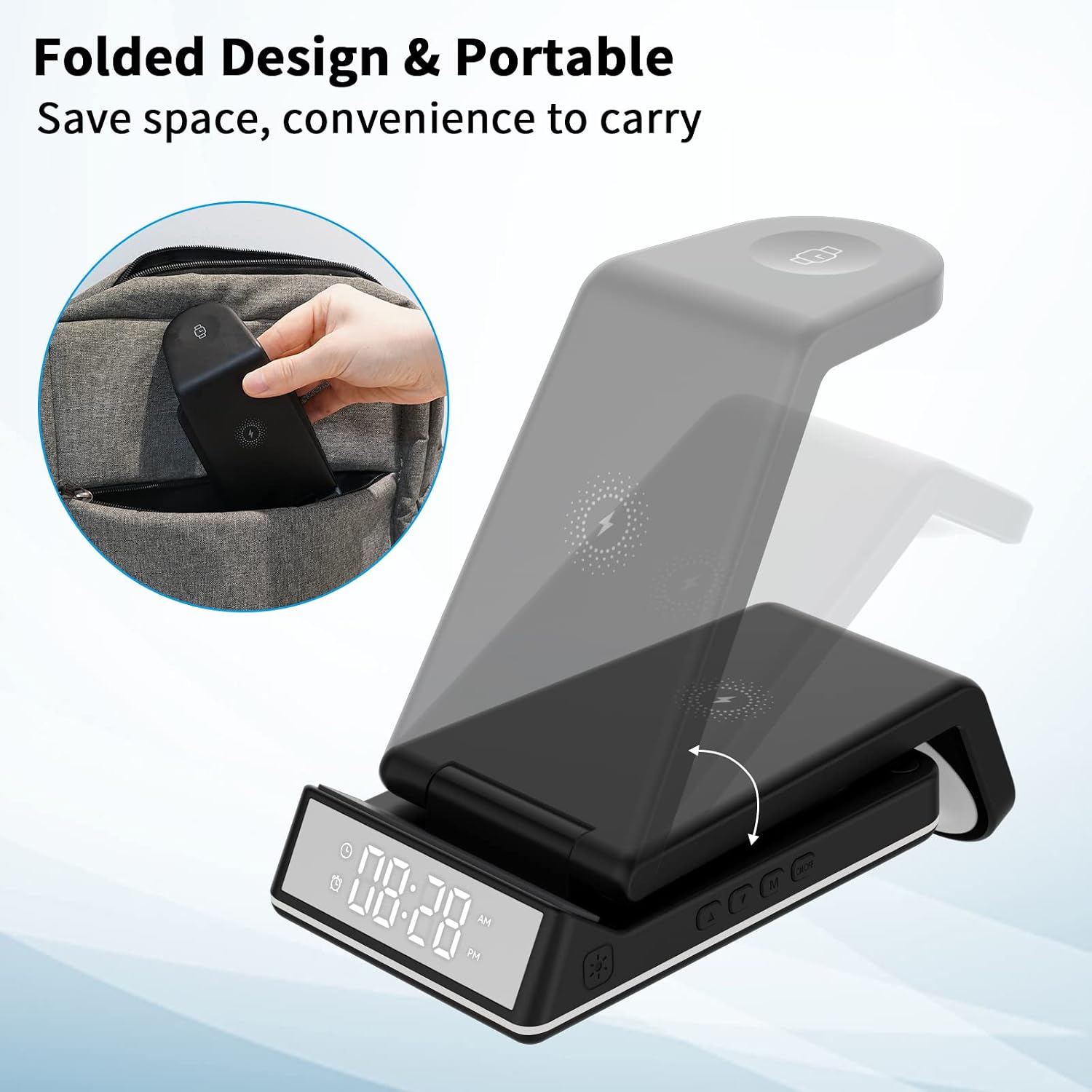 Aqonsie 3-in-1 Wireless Charger demonstrating its foldable design for portability