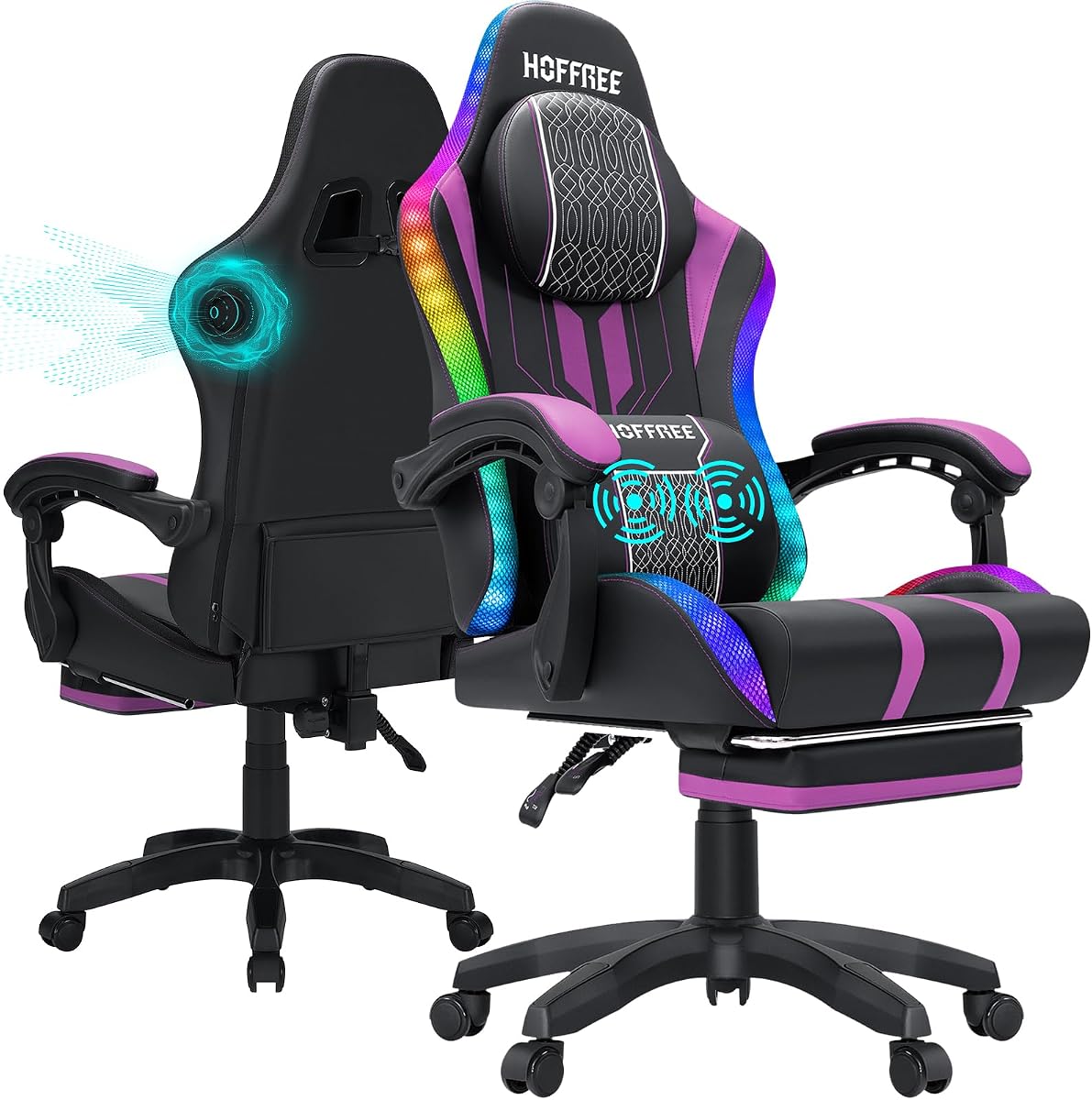 LED Gaming Chair with Speakers Massage Game Chair with RGB Lights-Purple | Bluetooth Game Chairs for Adults 400lbs Reclining Game Chair with Footrest Big and Tall High Back Computer Ofiice Desk Chair