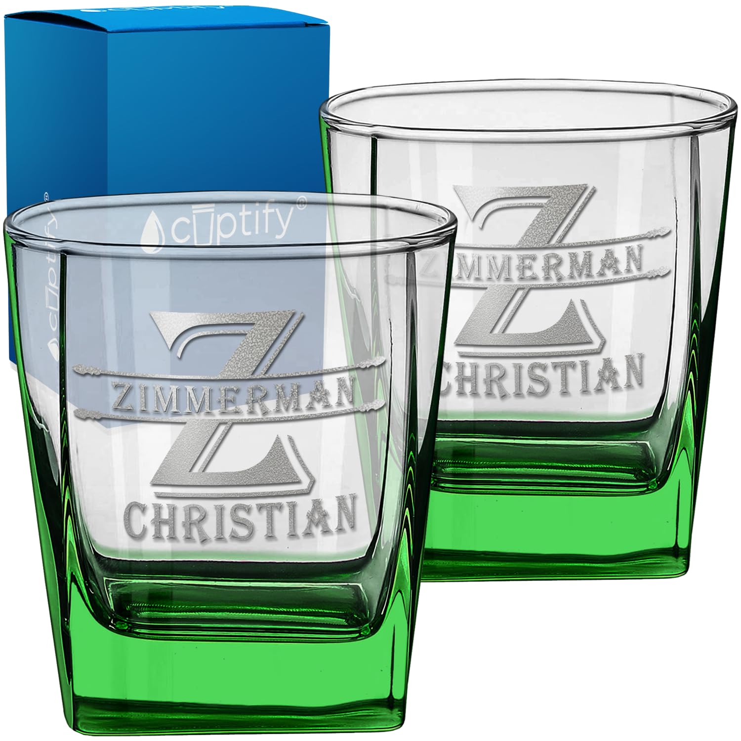 12 oz Personalized Double Old Fashioned Glass Set of 2 - Initial Block Surname Design - Green Custom Etched Cube Whiskey Glass - Perfect for Bourbon, Scotch, and Cocktails - Ideal Gift for Men