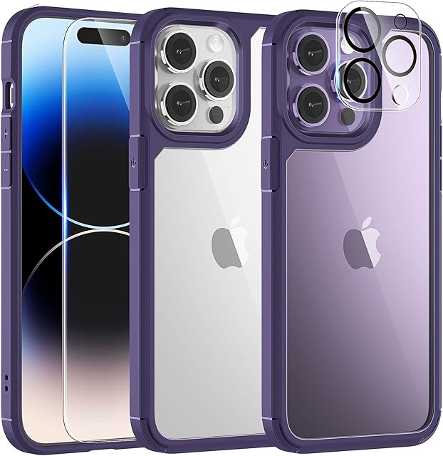 TAURI [5 in 1 for iPhone 14 Pro Case [Not Yellowing], with 2 Tempered Glass Screen Protectors + 2 Camera Lens Protectors [Military Grade Protection] Shockproof Slim Phone case 6.1 Inch, Purple