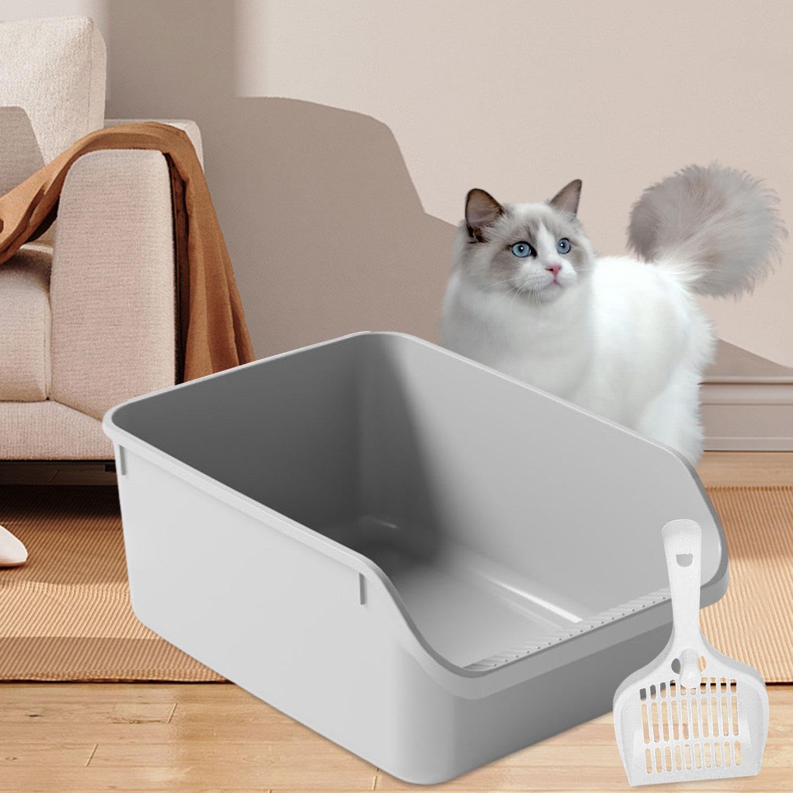 Milageto Caja de Arena para Gatos con Tapa Abierta, Bandeja de Arena Semicerrada, Bandeja de Arena para Gatos Fácil de, Arenero para Mascotas con T, Gris