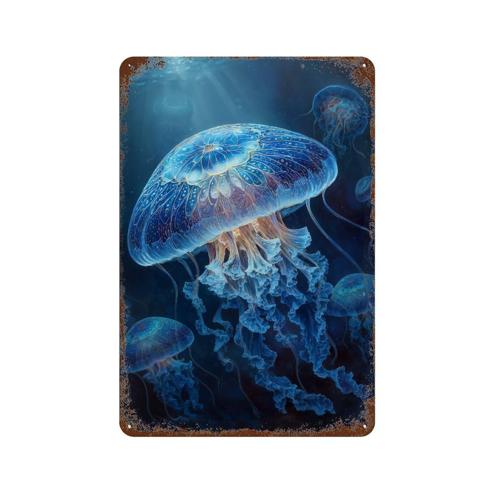 Ocean Jellyfish Glow Distressed Metal Wall Sign 11.8"x7.9", for Garage, Bar And Workshop Decor, Decorative Metal Wall Art