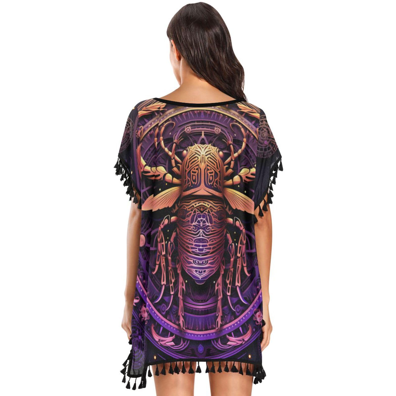 Abstract Purple Horoscope Women's Beach Cover Up Chiffon Tassel Swimwear Swimsuit Coverups for Girl