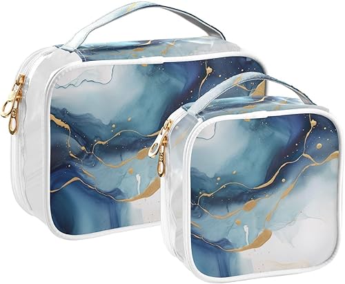 Watercolor Blue Gold Marble Clear Toiletry Bag for Traveling,2 Pack Makeup Cosmetic Bag with Zipper,Travel Bag for Toiletries,Travel Essentials