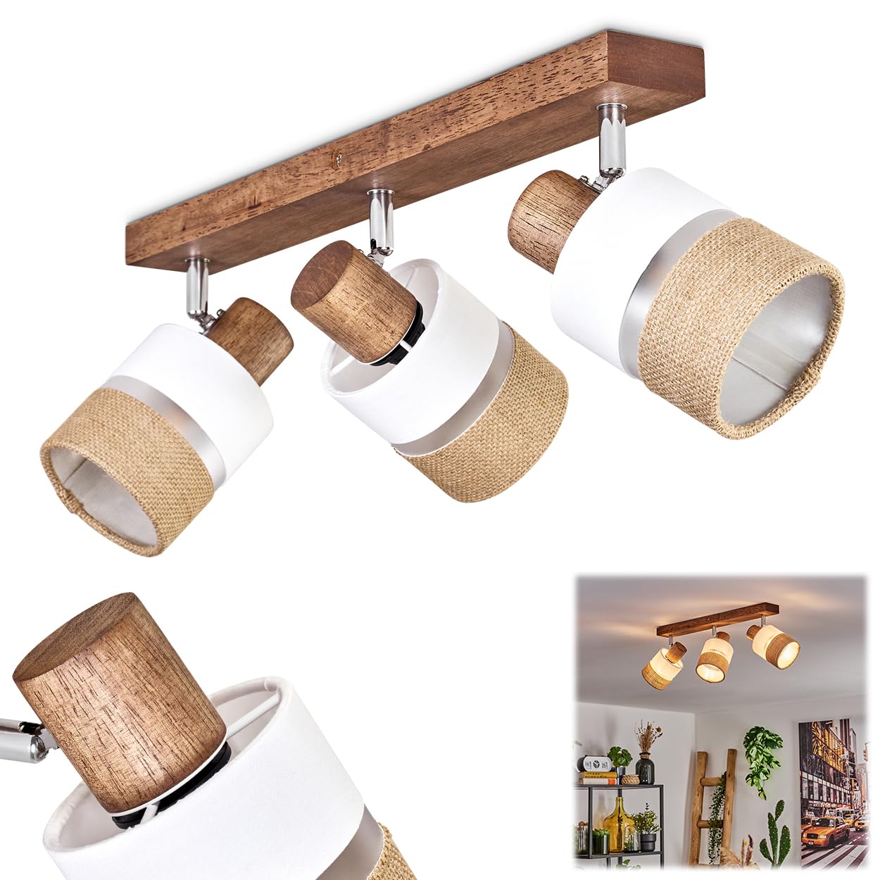HOFSTEIN Deckenleuchte Fallhagen, verstellbare Deckenlampe aus Holz/Metall/Stoff in Braun/Weiß/Chrom, moderne Leuchte im skandinavischen Design, 3 x E14, Esszimmmer, Schlafzimmer, Wohnzimmer, Küche