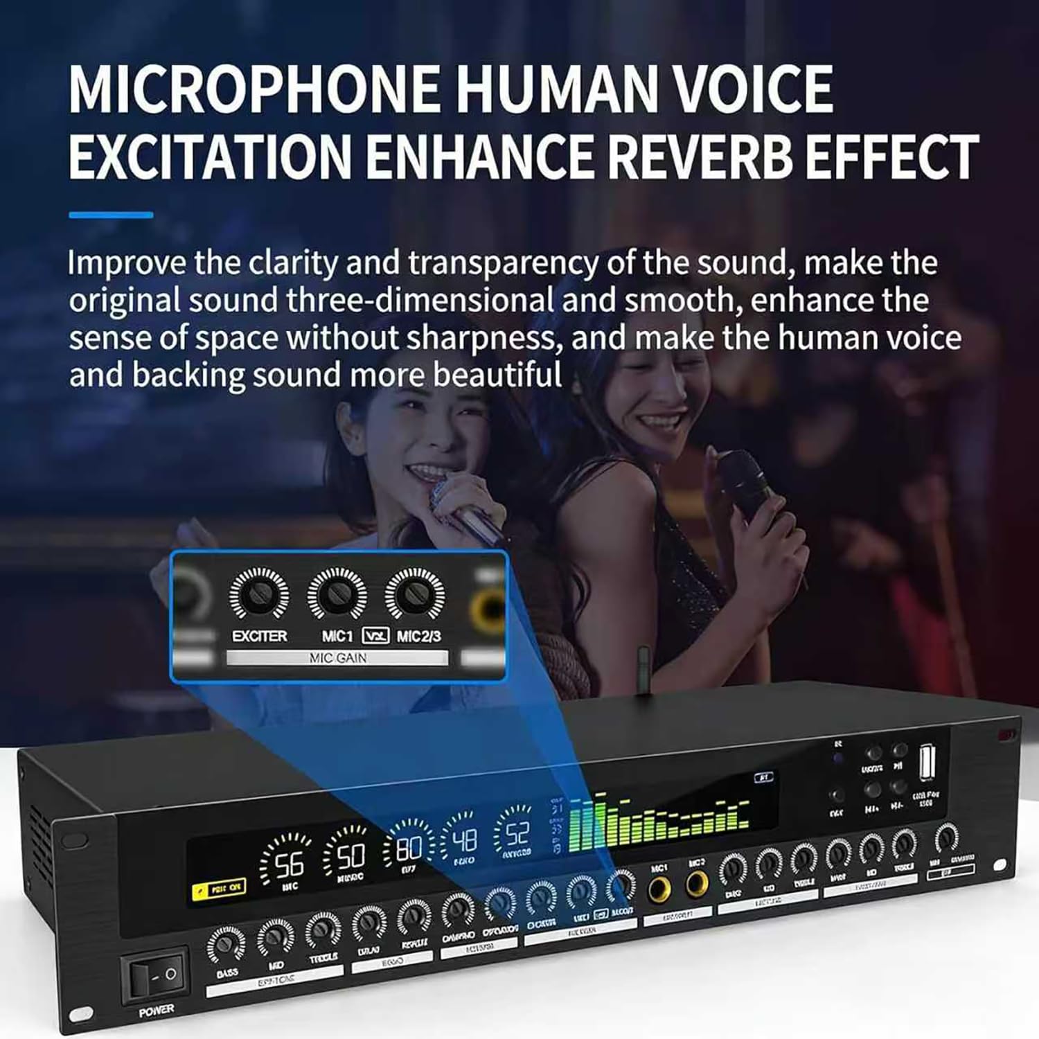 Procesador de audio digital preetapa con ecualizador antiaullidos, pantalla LCD, ritmo de espectro dinámico, efectos ajustables para uso doméstico y escénico