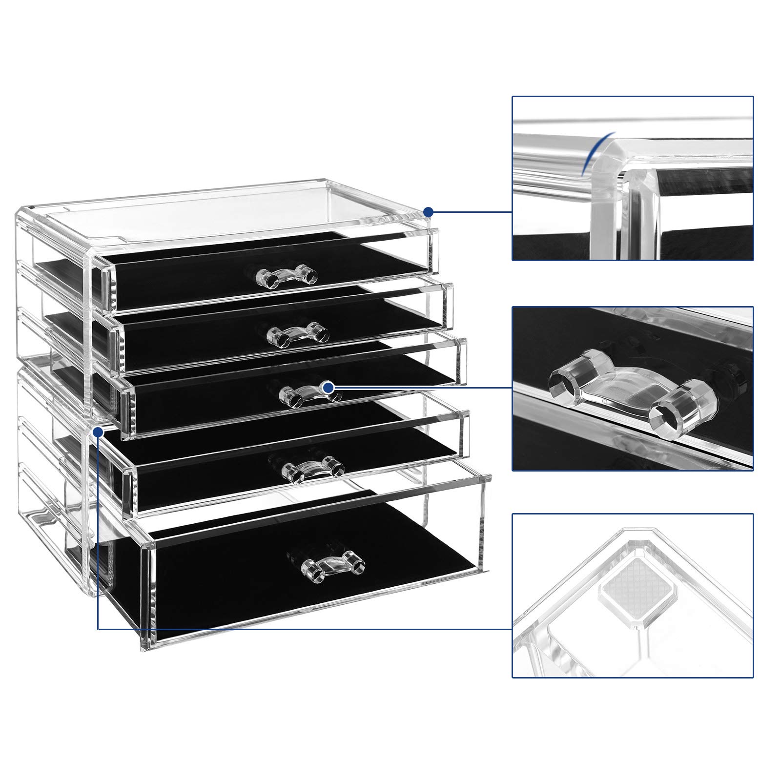 SONGMICS Organizer Trucchi, Armadietto per Gioielli e Cosmetici a 2 Contenitori Impilabile, con 5 Cassetti, Polistirene Trasparente JMU32TP