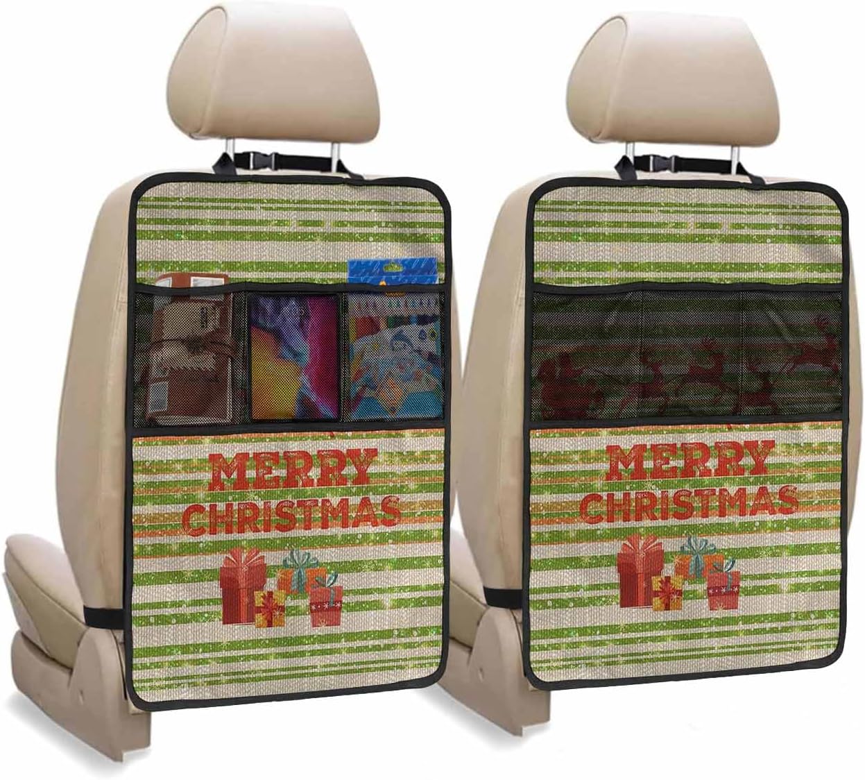 Car Seat Protector, 2 Pack Kick Mats with Organizer - 3 Pocket Storage, Merry Christmas Xmas Tree Gifts Red Striped Retro Back Seat Cover for Kids Universal Fit Automotive Interior Protectors