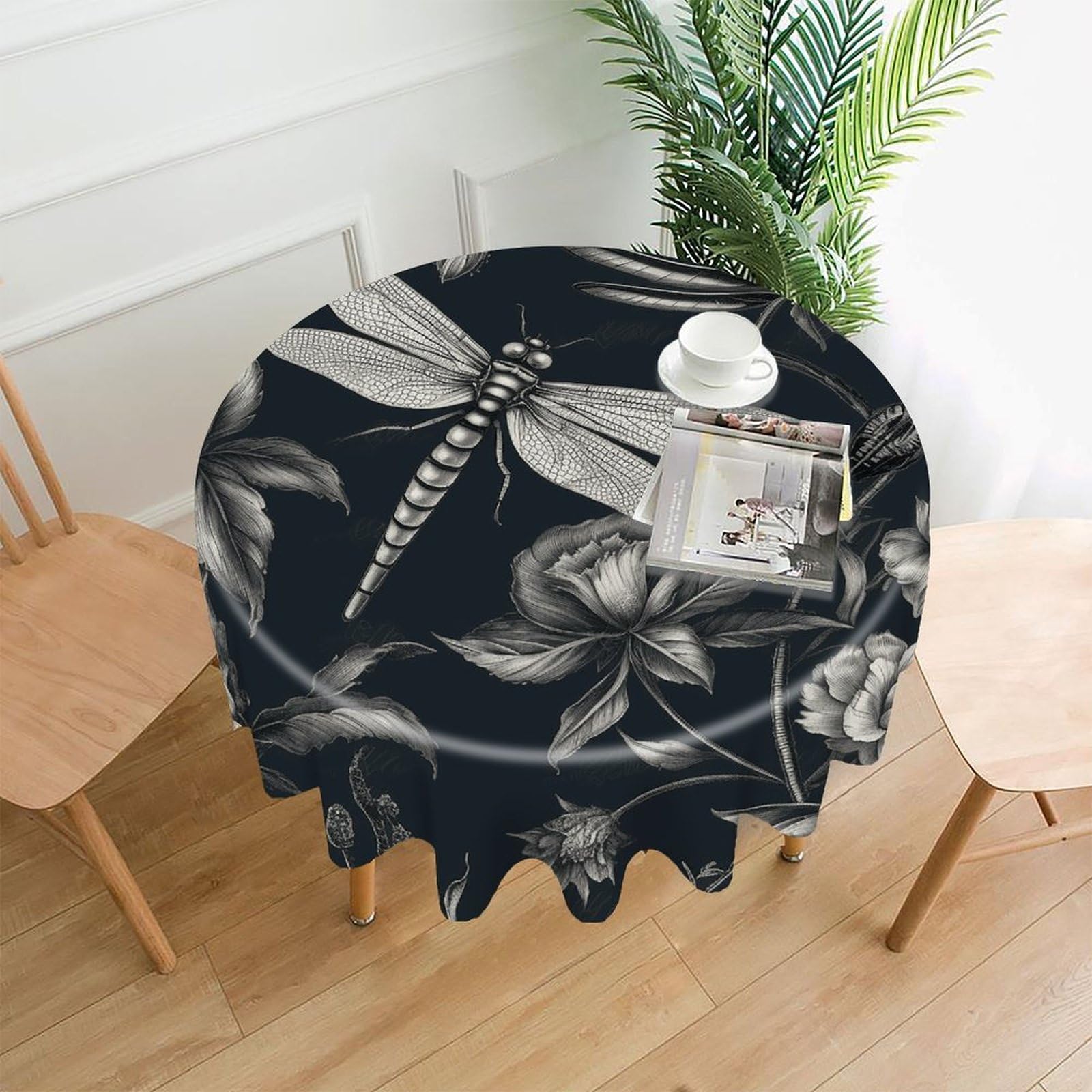 LZQPOEAS Black Flowers and Dragonfly Tablecloth Easy to Clean Polyester Round Table Cover Washable Round Table Cloth Wrinkle-Free Circle Decoration Tablecloth for Kitchen and Dining Room 60"