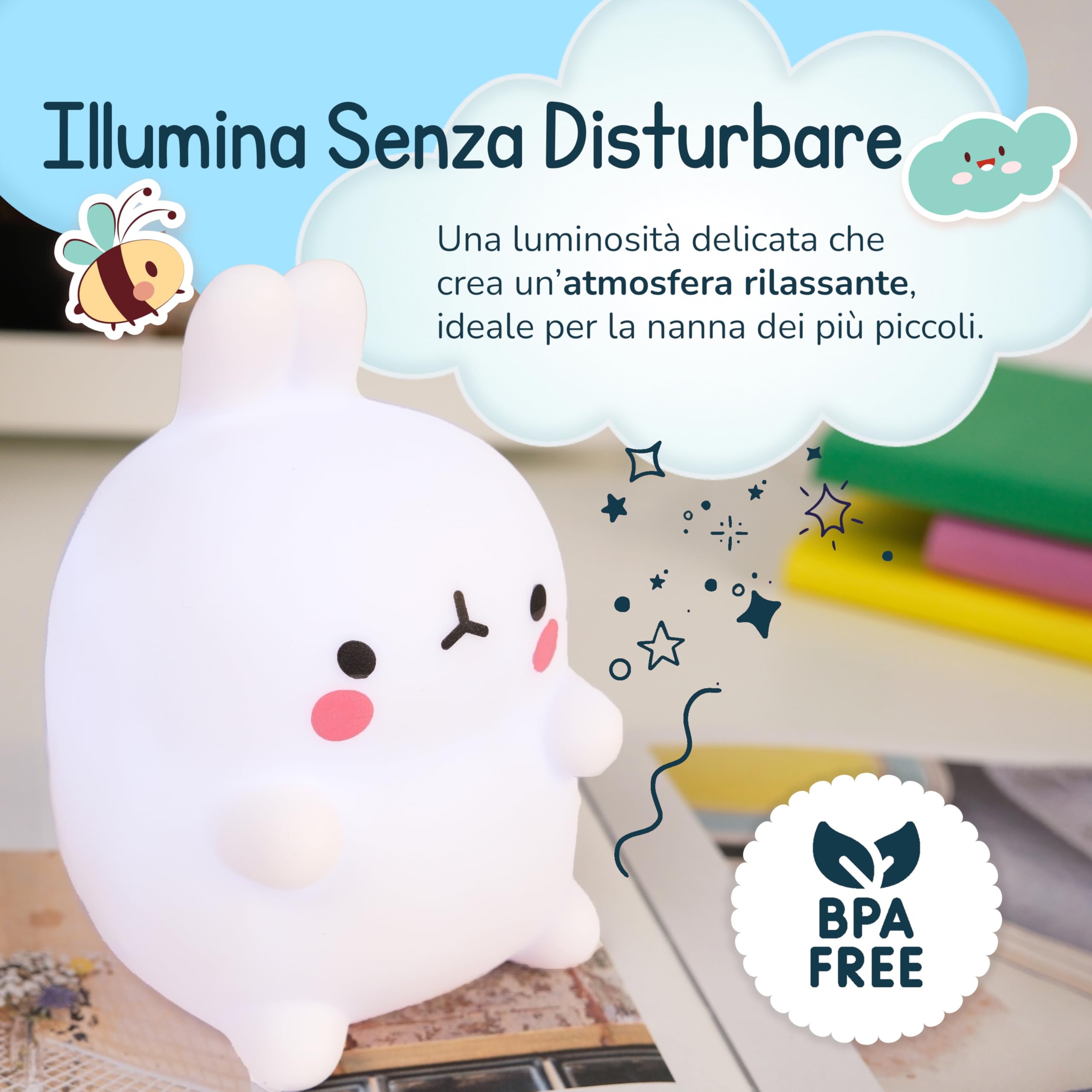 Luce Notturna Bambini a Forma di Coniglietto, Lampada Morbida, Sicura e BPA Free per Neonato, Portatile per Culla, Lettino e Cameretta, Perfetta per una Nanna Tranquilla