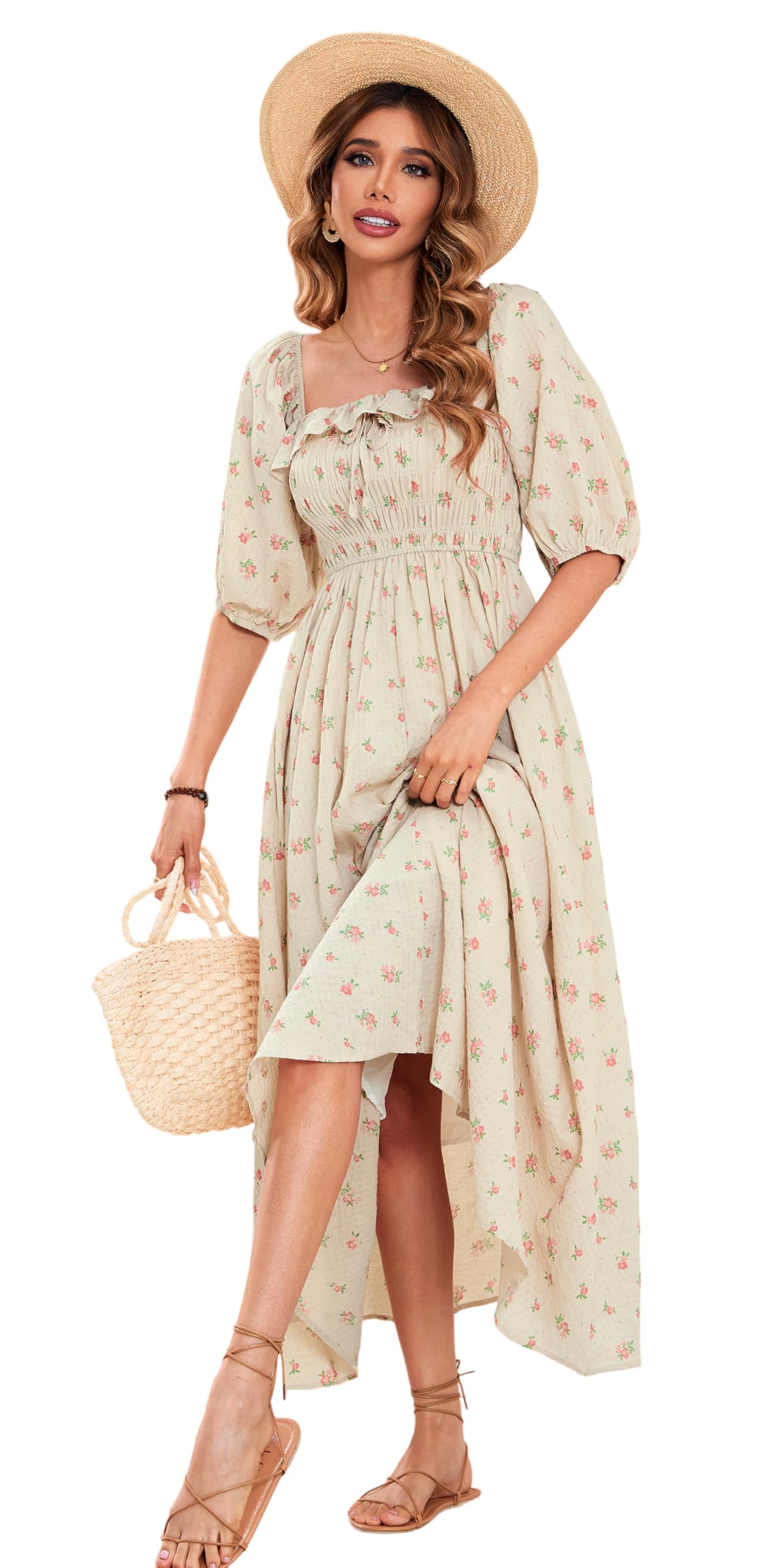 R.Vivimos Women Summer Cotton A Line Flowy Long Dresses | Half Sleeve, Ruffled, Vintage Elegant, Smocked Backless Dress, Maternity Shoot, Baby Shower, Casual Vacation Outfits