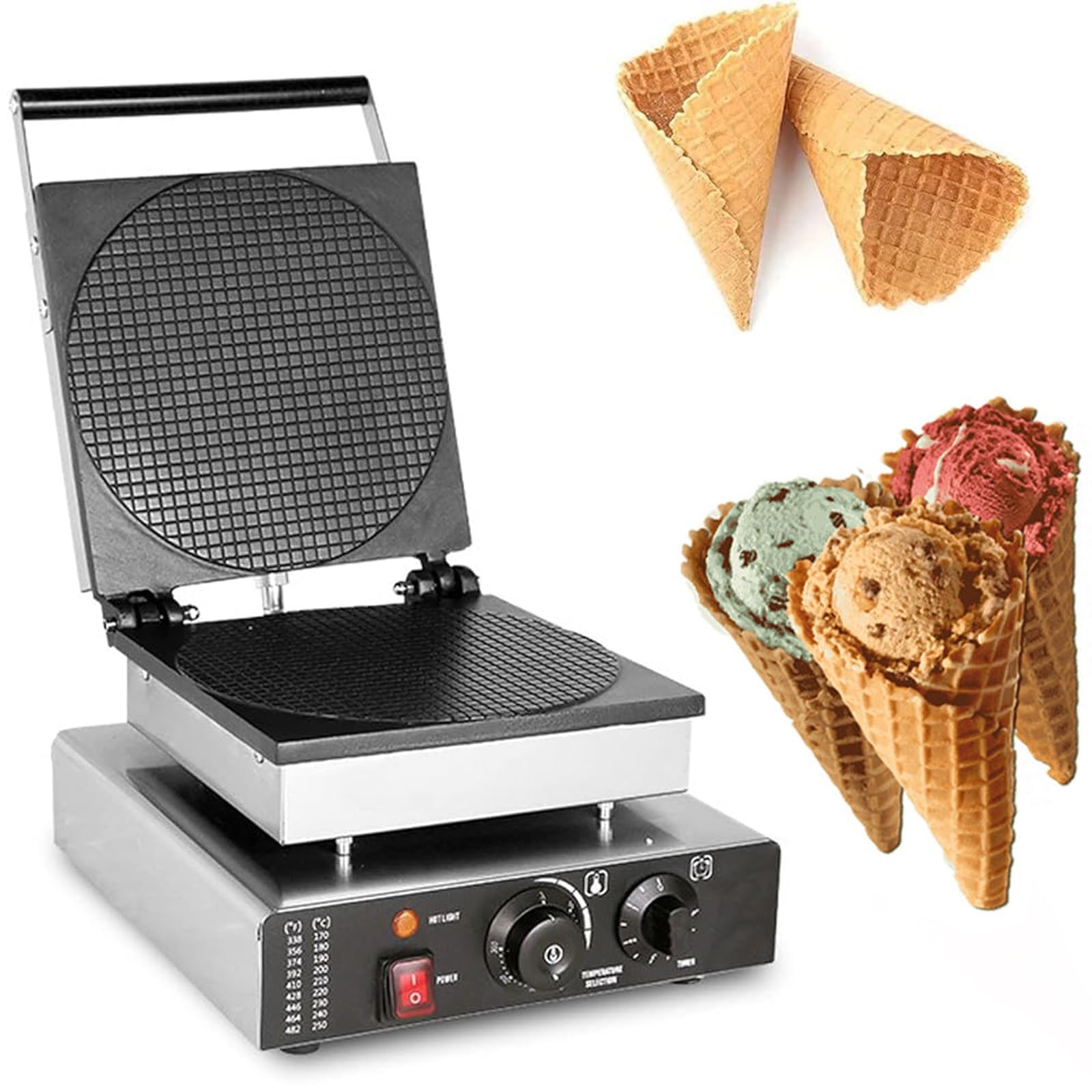 Eiwitany Cream Commercial Waffle Cone Maker - Electric Non-Stick Waffle Iron, Double-Sided Heating For Ice Cones & Egg Rolls, For Snacks (Round)