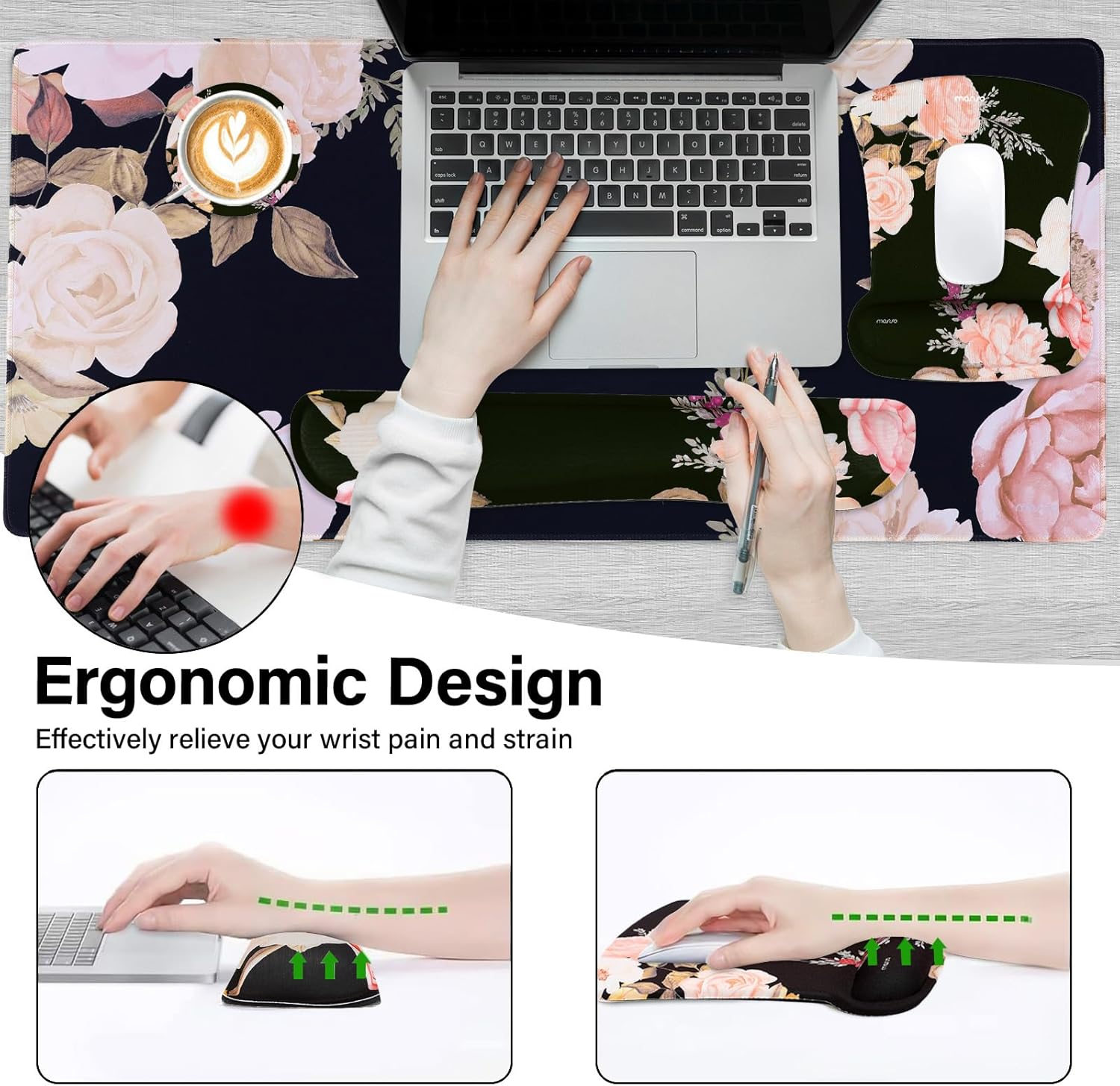 MOSISO Keyboard Mouse Pad Set, Large Gaming Mousepad&Keyboard Wrist Rest&Mouse Pad with Wrist Rest&Coaster, Peony Ergonomic Non-Slip Mousepad with Raised Memory Foam for Home Office, Black