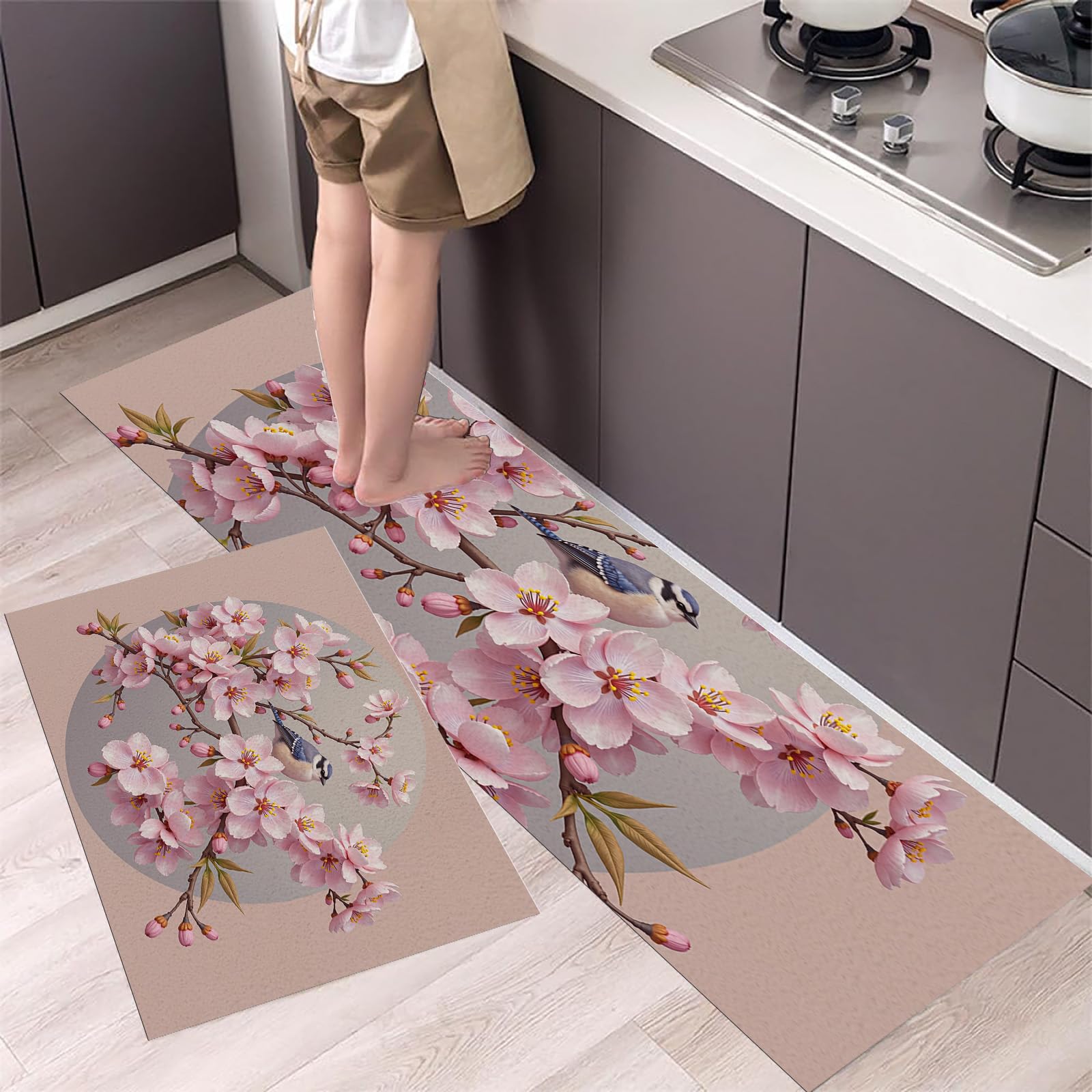 Tapis de cuisine aux fleurs de cerisier roses pour décorer la buanderie
