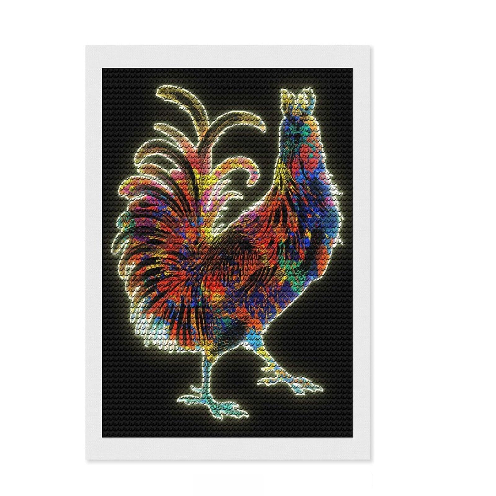 Junmoney Rooster Diamond Painting Set 8"x12", Stress Relief Craft, Finish and Display, Boho Decor, for Women, Sparkling Round Gems