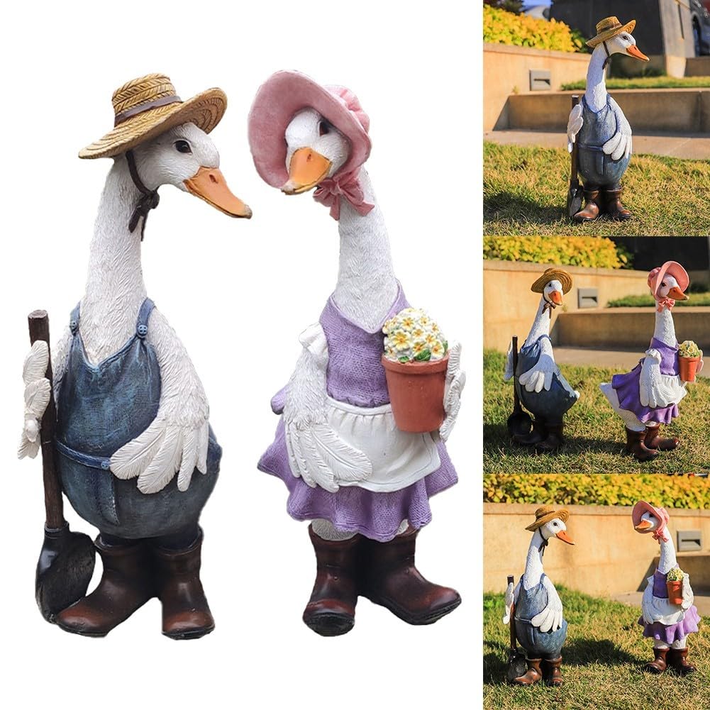 Statua da per giardino Anatra Coppia 14x9 Pollici Resina Statua(Duck flower box)
