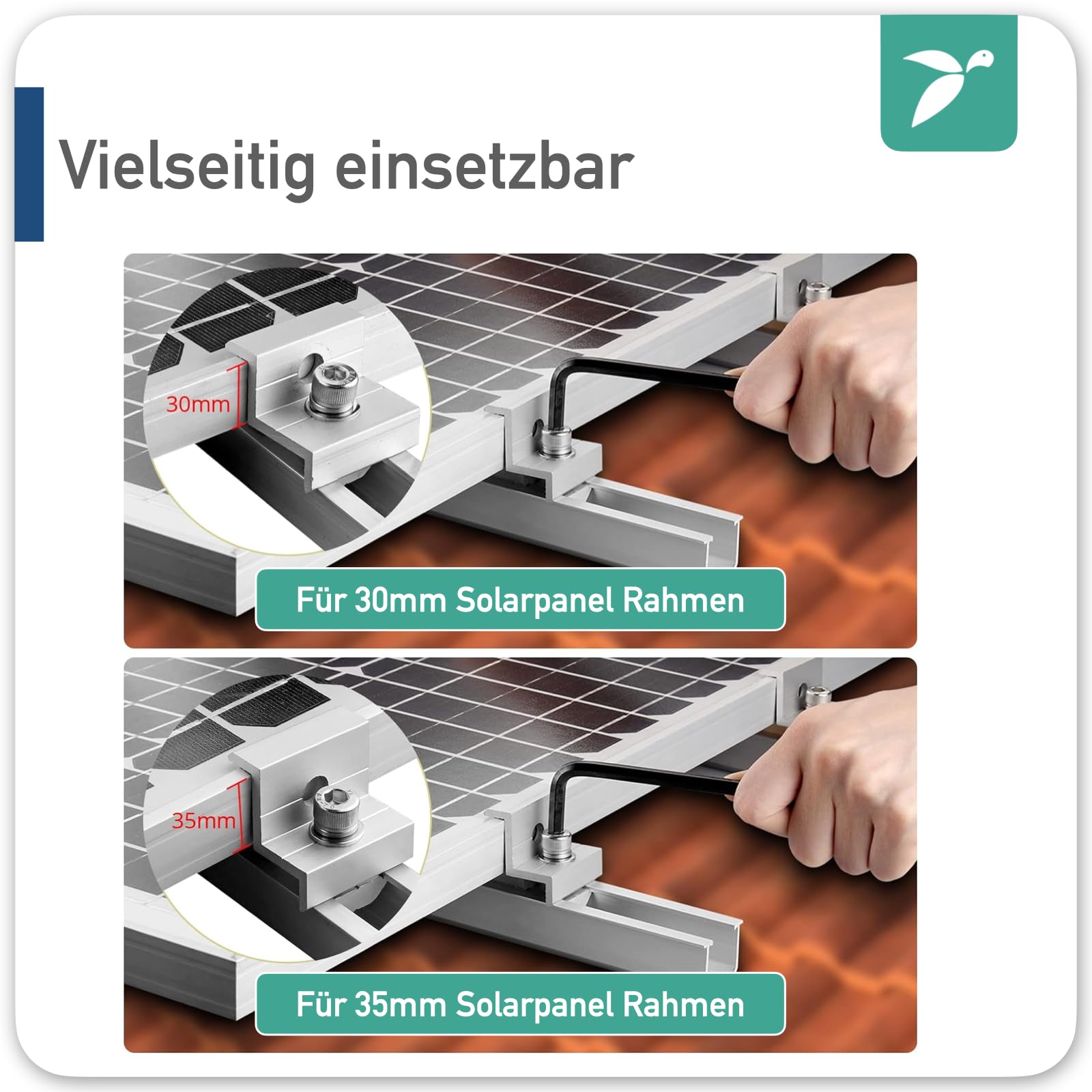 Fixation Solaire 4 Pinces Centrales Réglables Pour Panneaux Solaires | Aluminium, , Écart 22mm | Fixations Incluses Hauteur 30-45mm