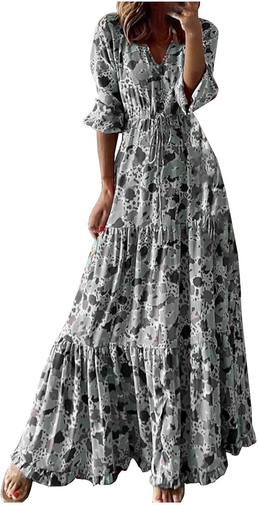 Zhyaj Floral Boho Maxi Dresses for Women 2024 Casual Ruffle Flowy Puff  Sleeve Dress Drawstring Empire Waist Swing A Line Tiered Long Dress Plus  Size Sundress,Gray,S at Amazon Women's Clothing store