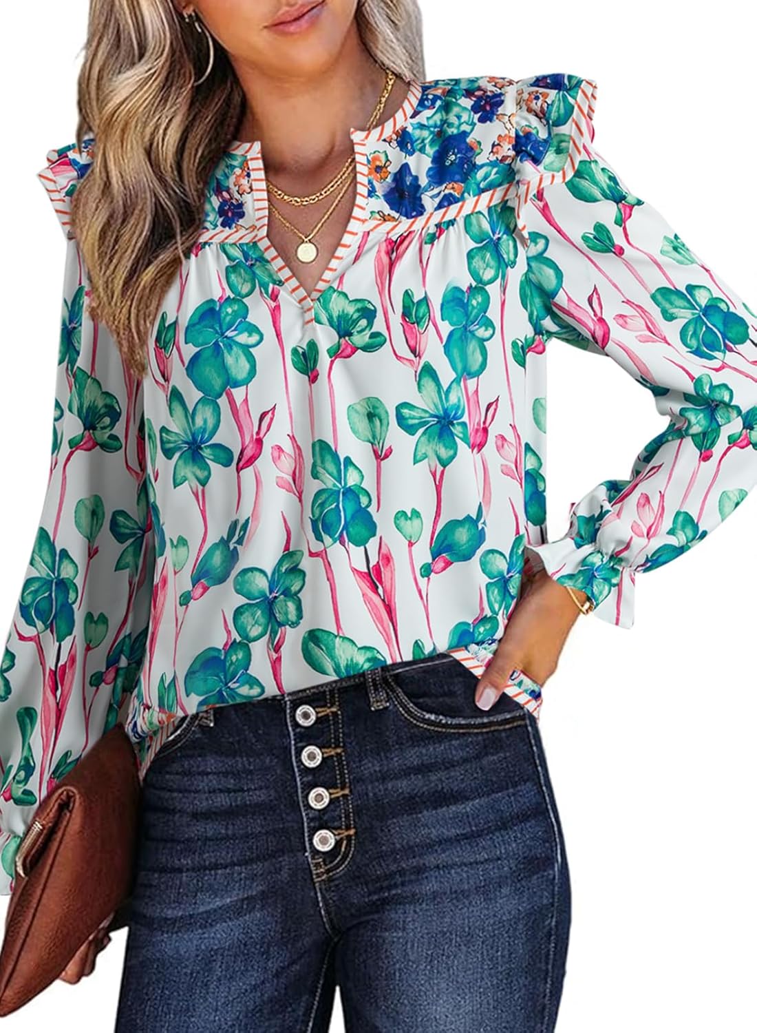 SHEWIN Women's Blouses Split V Neck Mixed Floral Print Long Sleeve Chiffon Fall Tops Striped Trim Shirts - Image 5