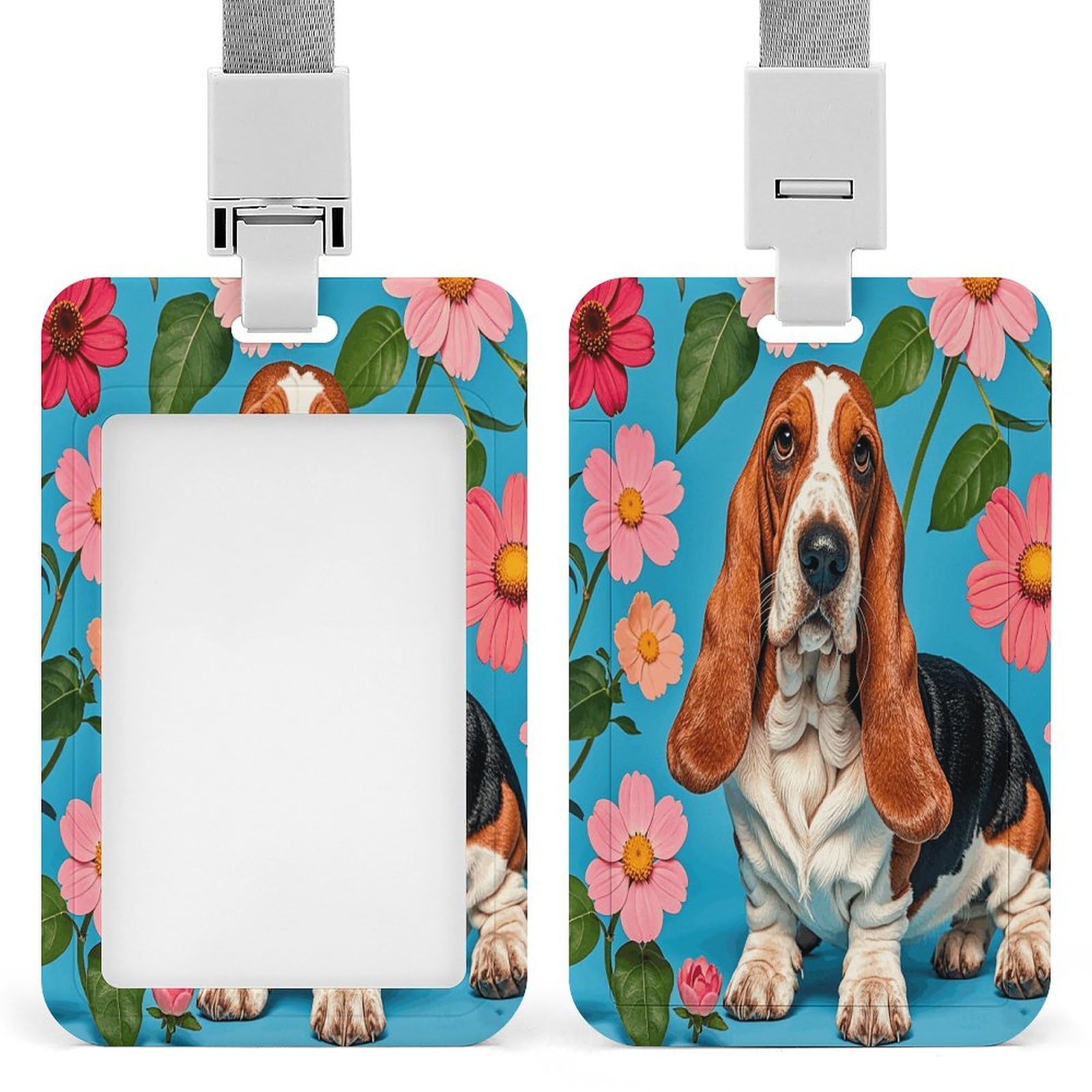 Lanyard Badge Holder Plastic Badge Holder Detachable Badge Lanyards Sweet Basset Hound Florals Printed Badge Holder Suitable for ID Card Work Permit Credit Card Subway Card Bus Pass