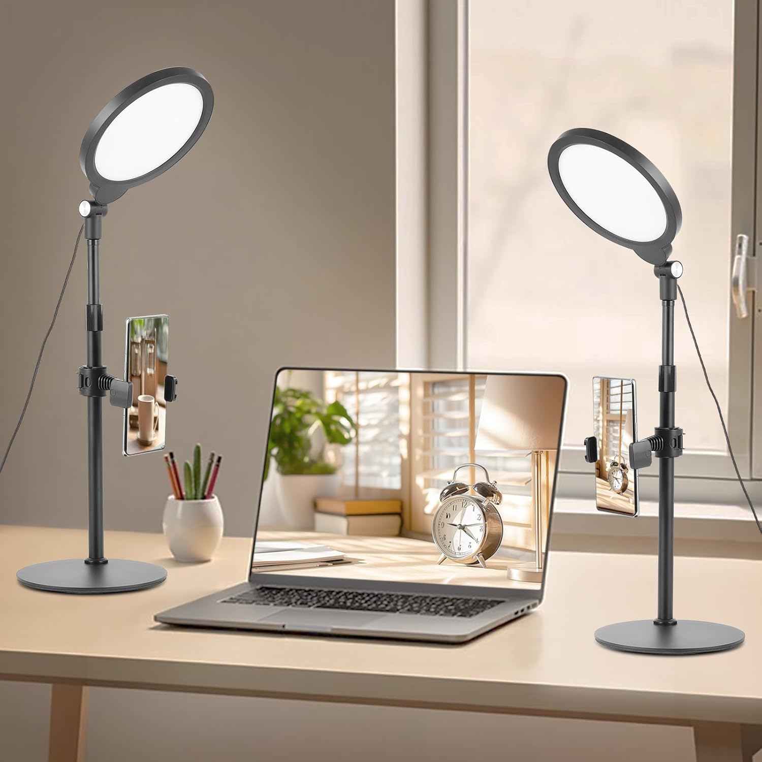 Desk Lamp for Home Office, Zoom Lighting for Computer, Height-Adjustable Video Conferencing Light, Eye-Care LED, Desk Light for Video Calls, USB Charging, Ideal for Study, Work, Reading, 2-Pack Set