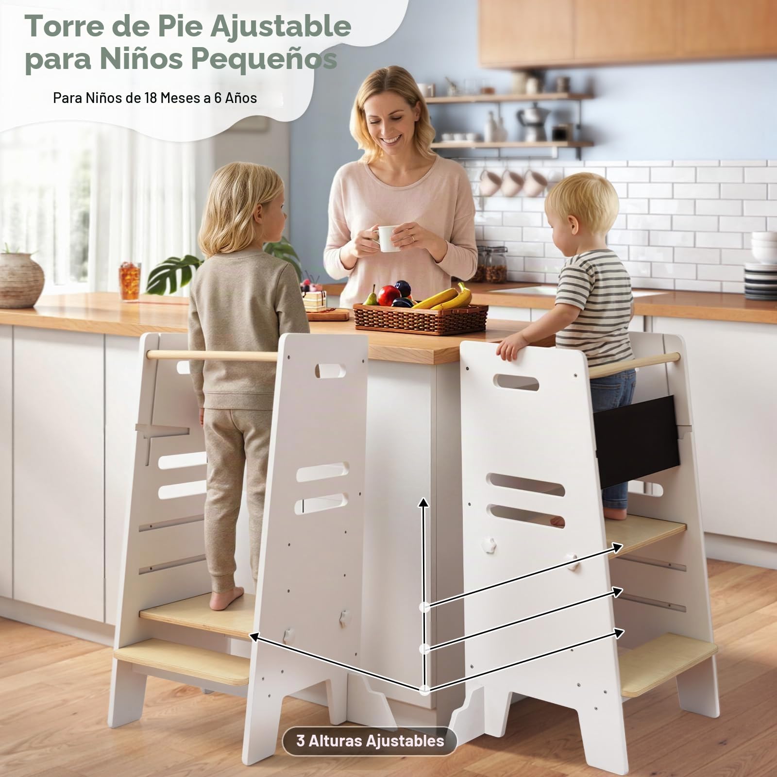 Labebe Torre de Aprendizaje para Niños Desde 1 Año, Learning Tower 3 en 1 con Pizarra y Asiento, Torre de Aprendizaje Ajustable en 3 Alturas, Ayudante de Cocina Seguro de Madera