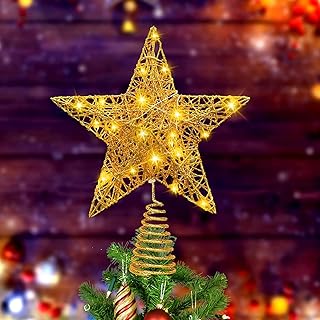 Christmas Star Tree Topper, Warm Star Lighted Xmas Tree Toppers Glittered Star-shaped Metal Treetop Snowflake Decorations Projector for Indoor Outdoor Christma Tree