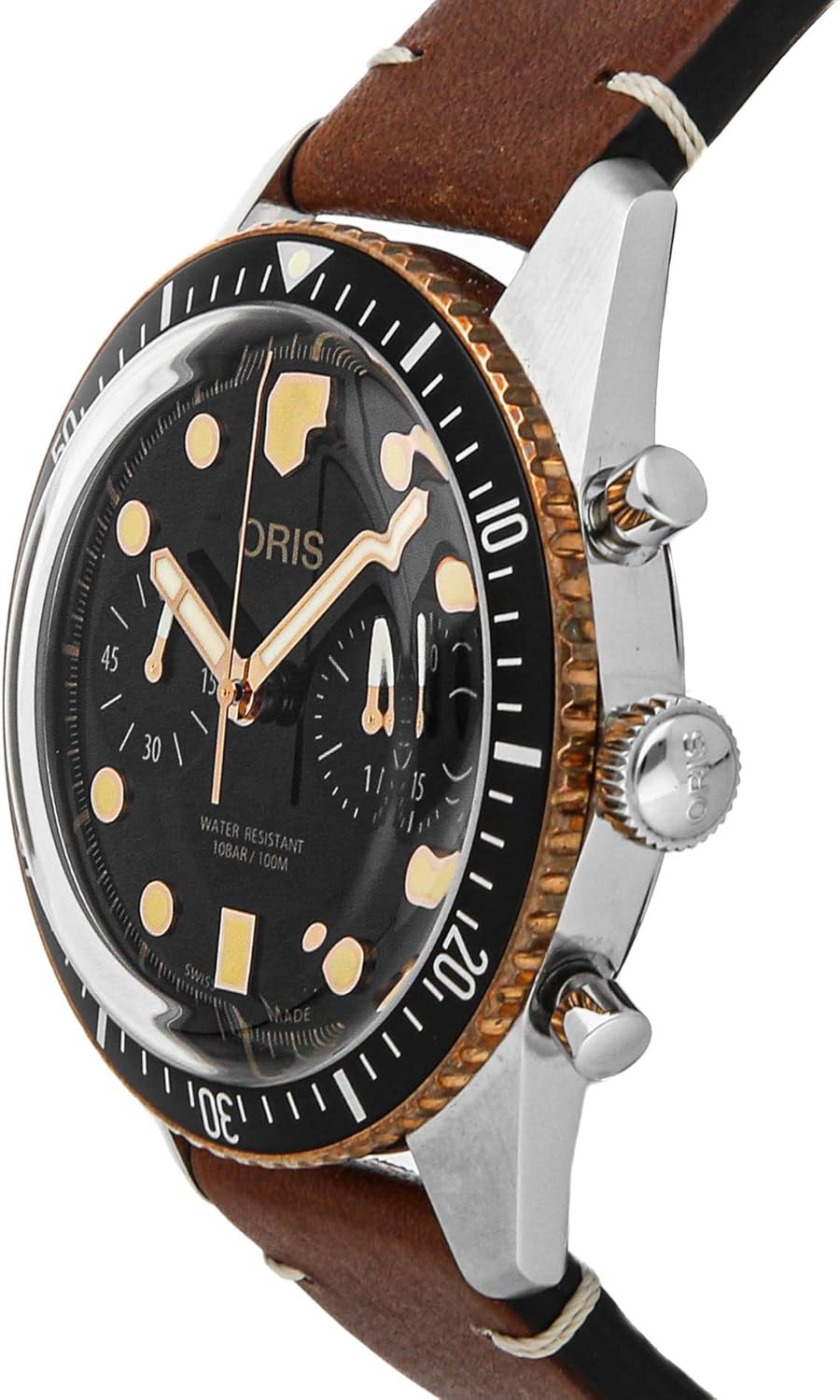 ด้านข้าง view of Oris Divers Sixty-Five Chronograph watch showing crown and pushers