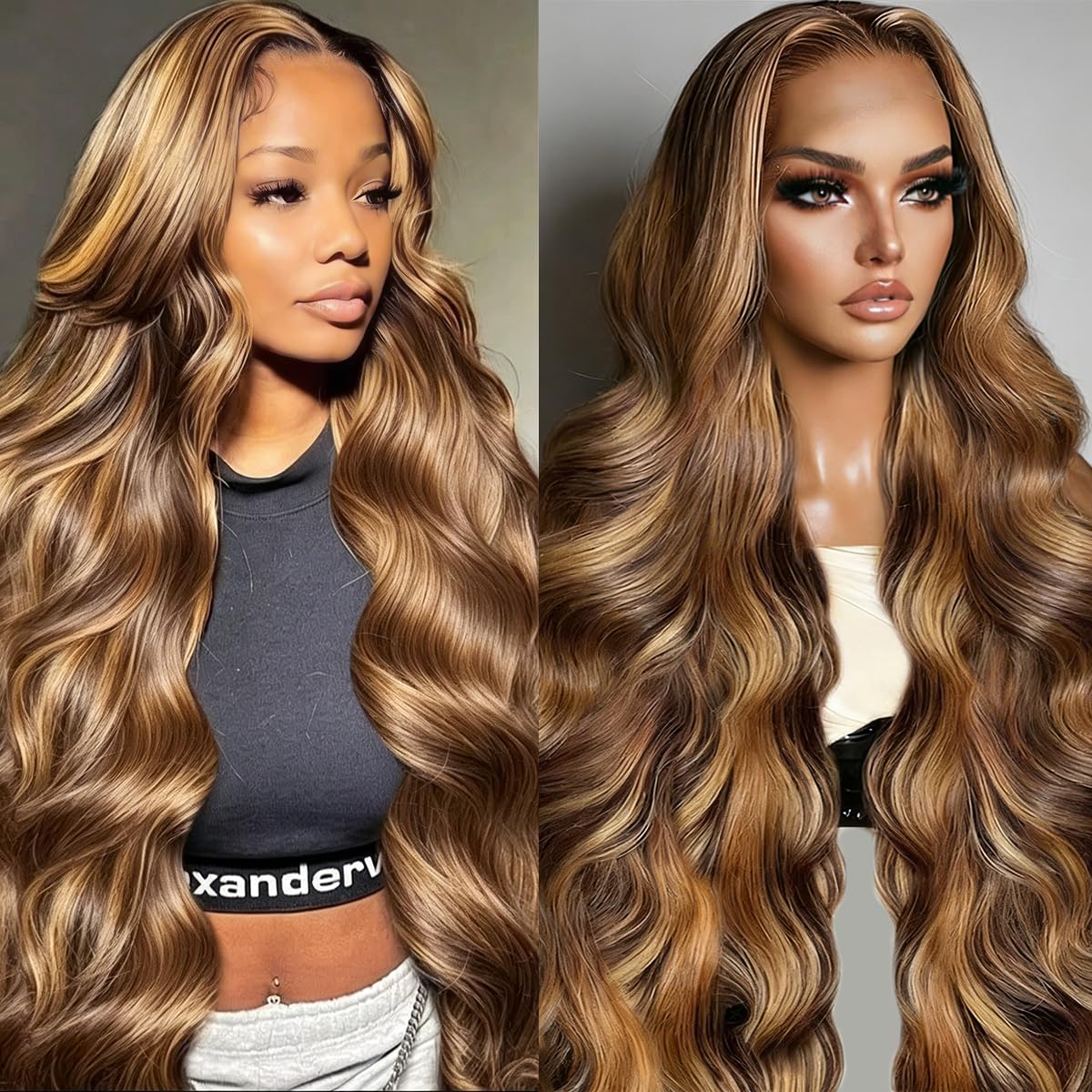 28 Inch Honey Blonde Wig Human Hair Ombre Lace Front Wigs,13x4 HD Lace Frontal Wig 180% Density,P4/27 Brown Highlight Body Wave Wig for Black Women,Pre Plucked with Baby Hair Natural Hairline