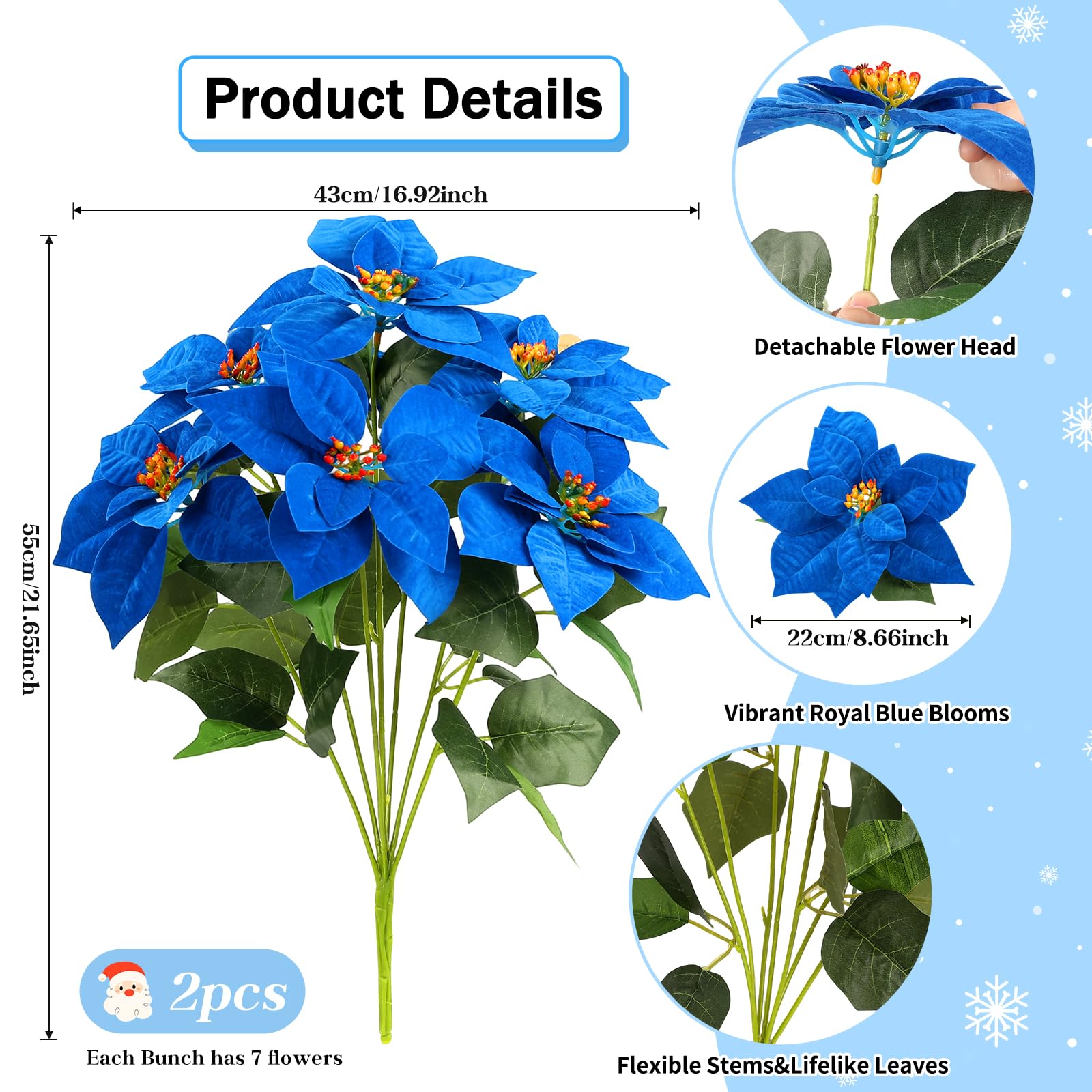 DuHouse Lot de 2 poinsettias artificiels en velours bleu roi de 50 cm pour la maison, la véranda, l'arbre, le jardin, l'intérieur et l'extérieur, décoration de Noël